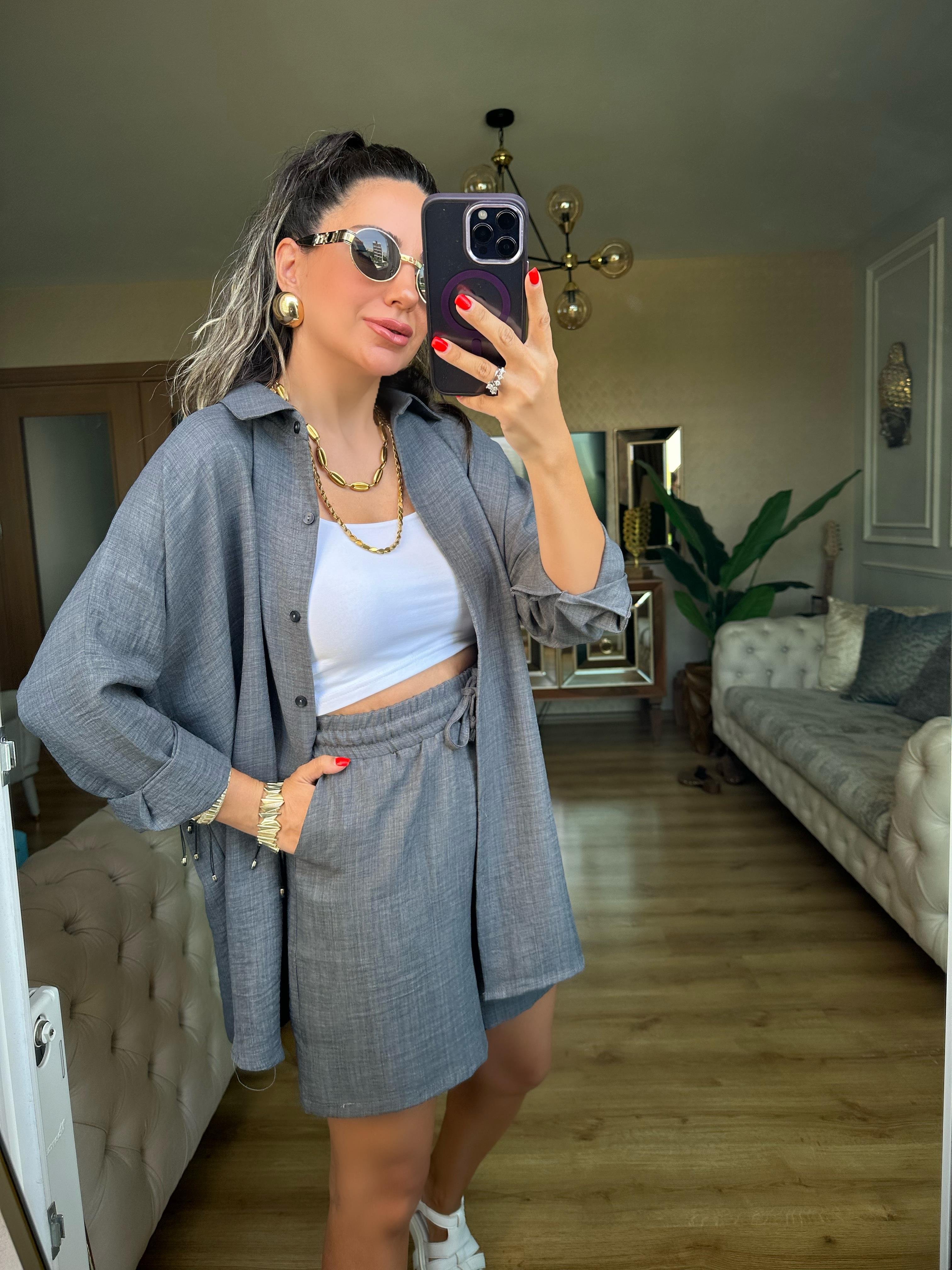 Antrasit Orj Marka Şort Gömlek Takım