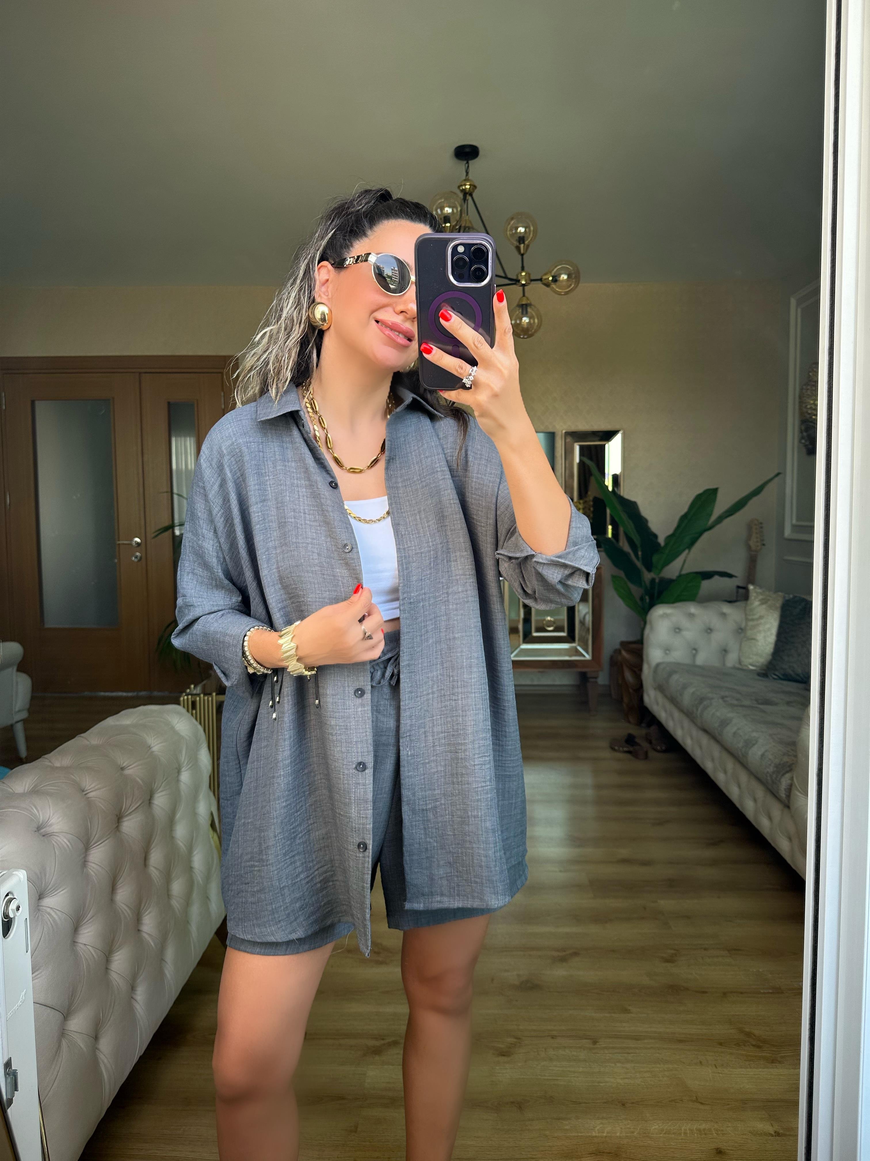 Antrasit Orj Marka Şort Gömlek Takım