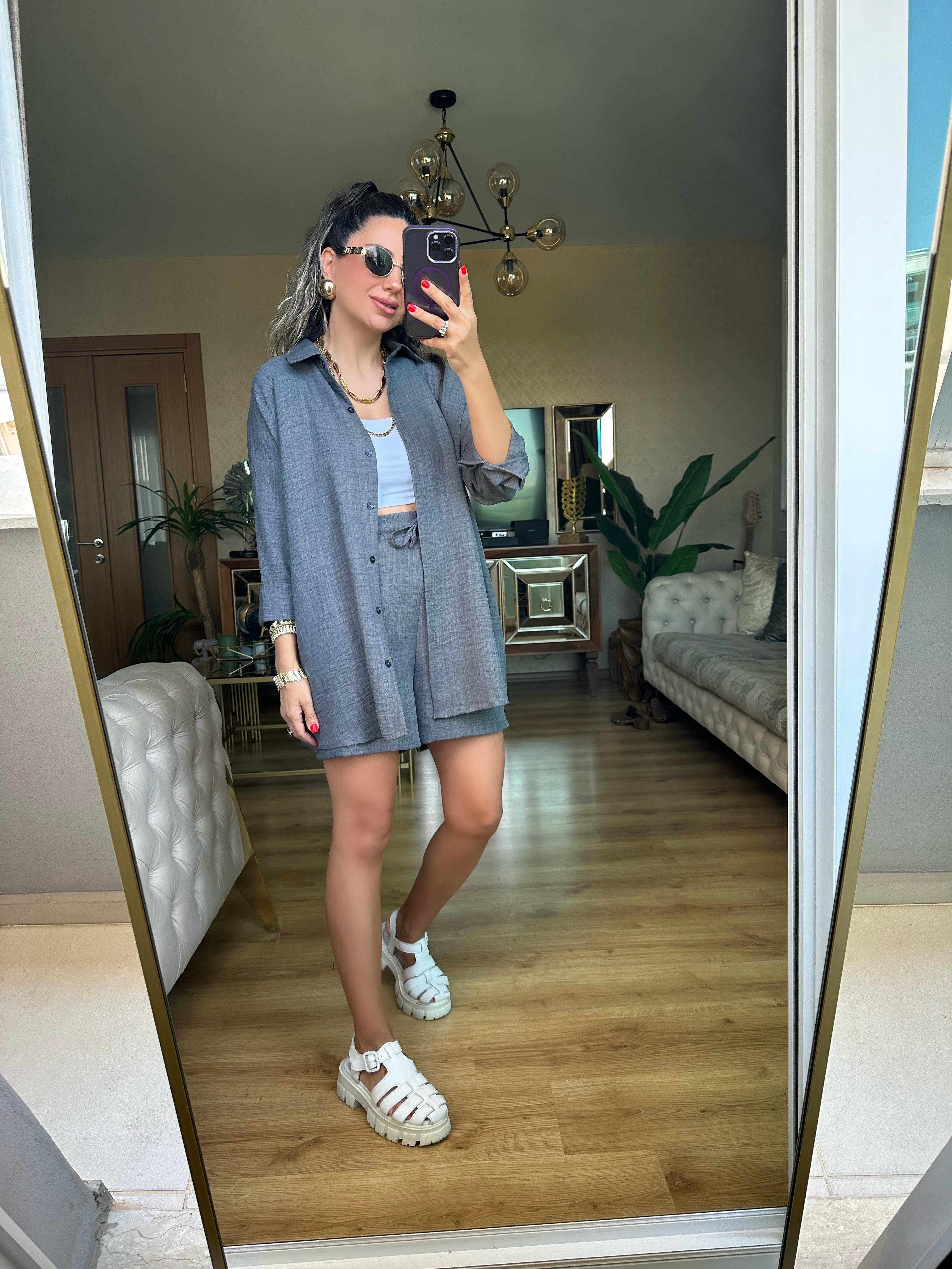 Antrasit Orj Marka Şort Gömlek Takım