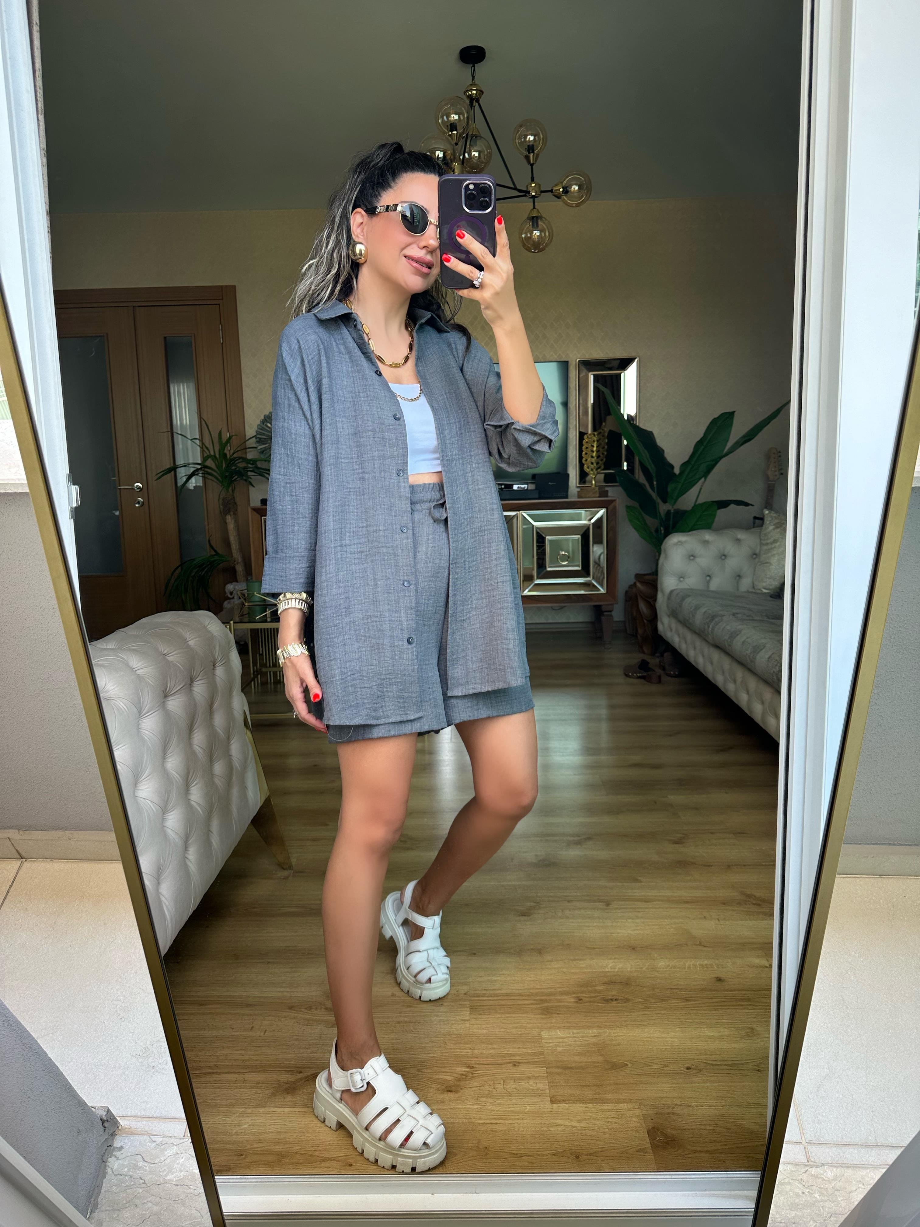 Antrasit Orj Marka Şort Gömlek Takım