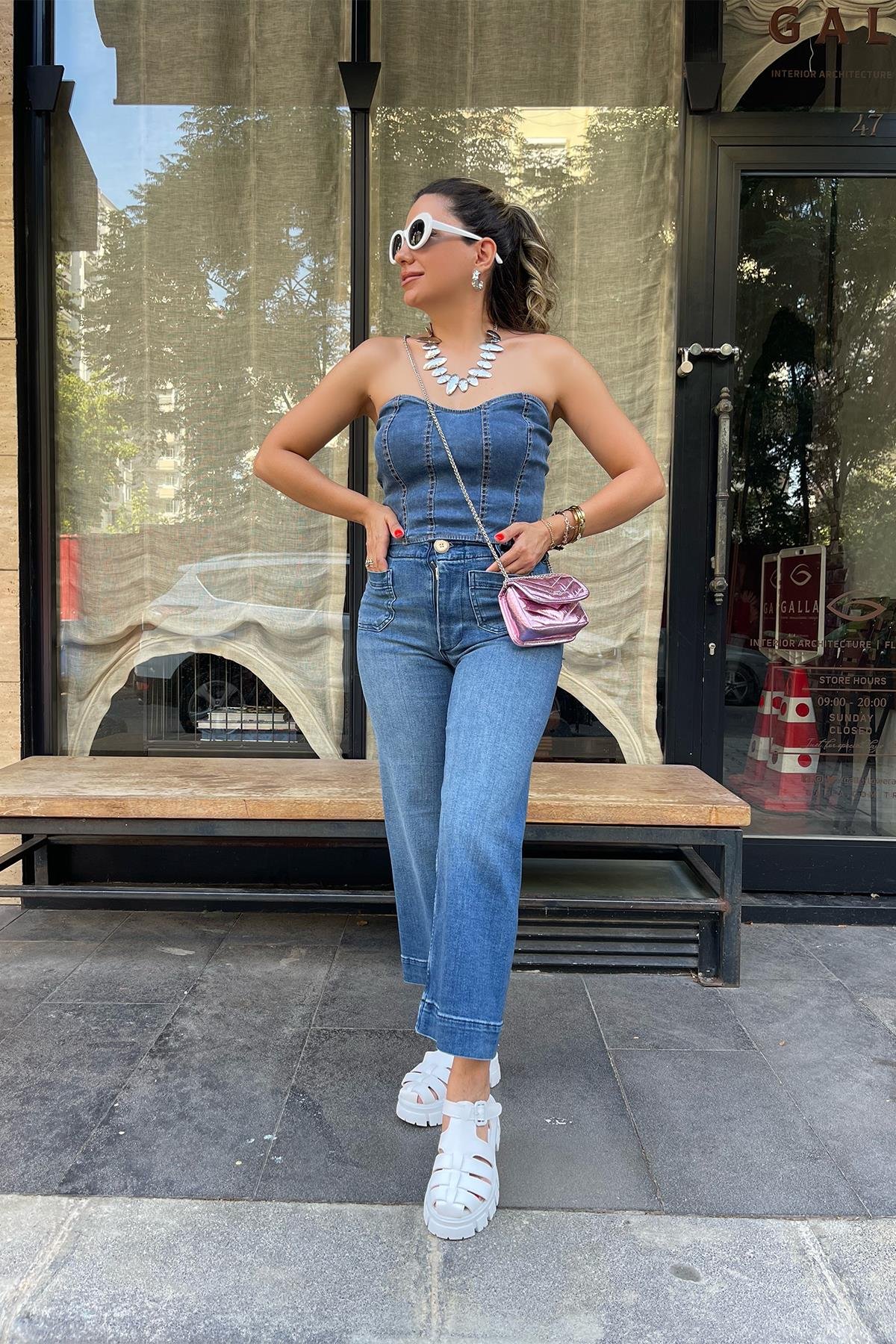 Arkadan Fermuarlı Kot Crop Bluz