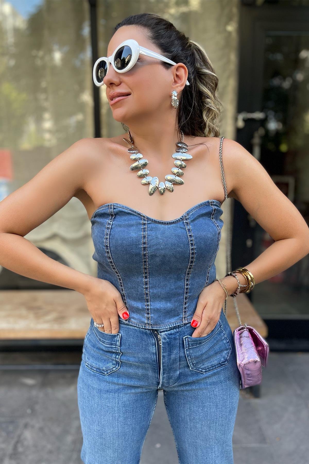 Arkadan Fermuarlı Kot Crop Bluz