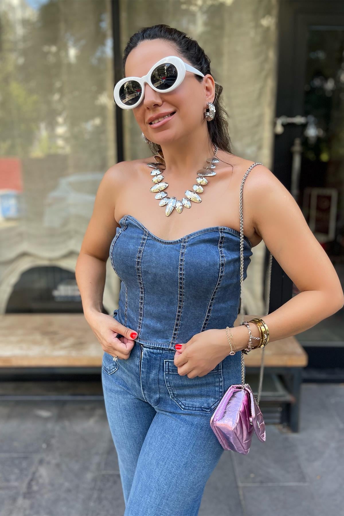 Arkadan Fermuarlı Kot Crop Bluz