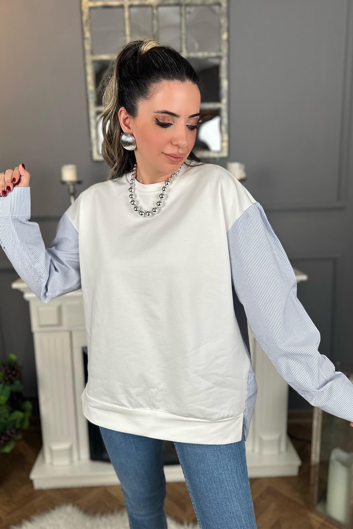 Arkası Çizgili Poplin Garnili Sweat