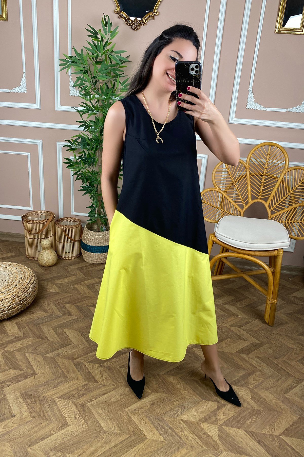 Askılı Altı Sarı Poplin Elbise