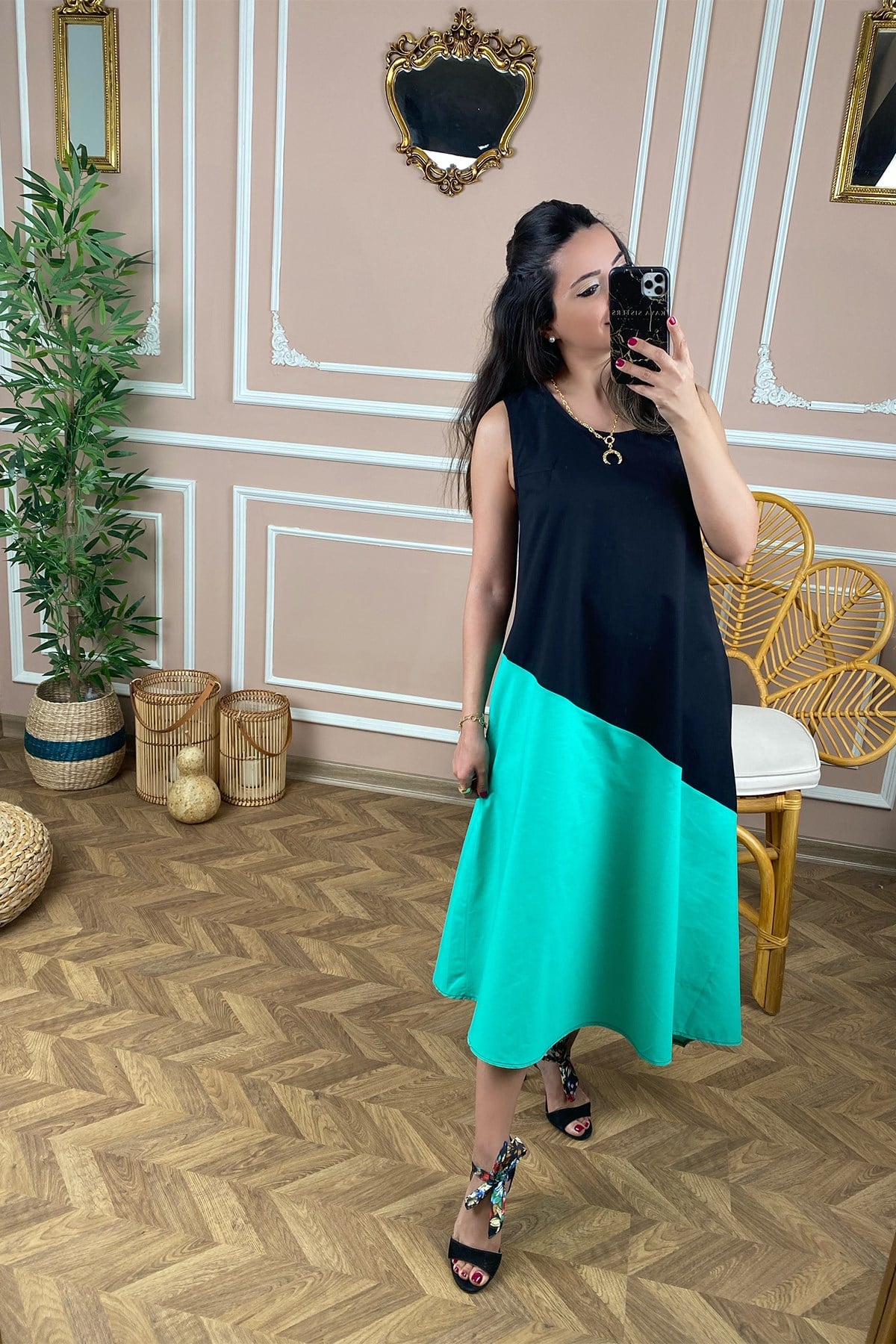 Askılı Altı Yeşil Poplin Elbise
