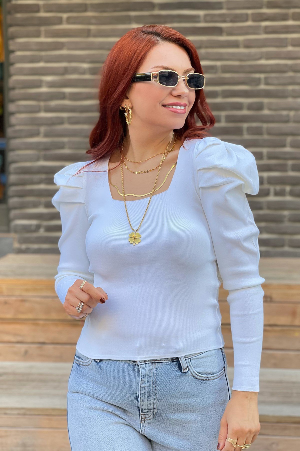 Balon Kol Beyaz Triko Bluz