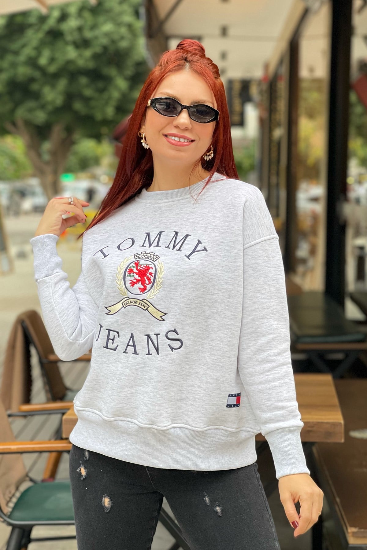 Baskılı Gri Sweatshirt
