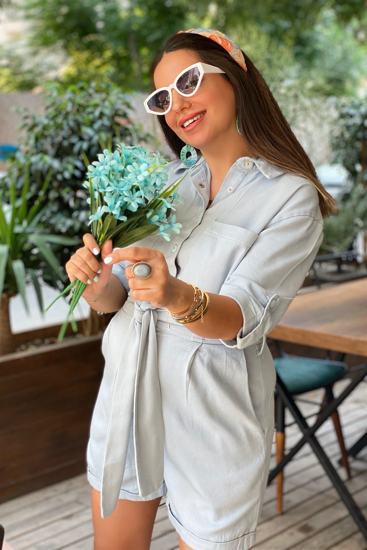 Bebe Mavi Önü Düğmeli Şort Tulum