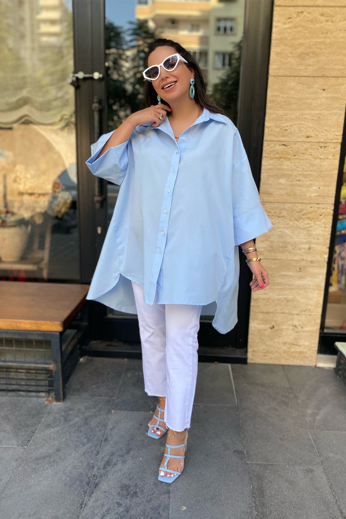 Bebe Mavi Oversize Poplin Gömlek