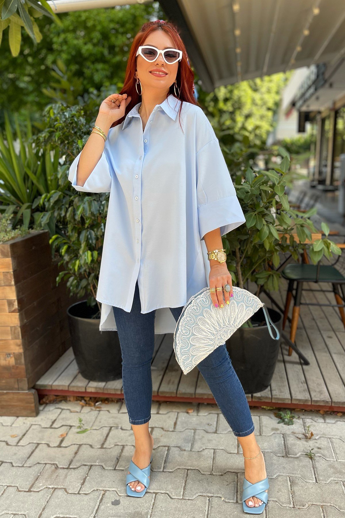Bebe Mavi Oversize Poplin Gömlek