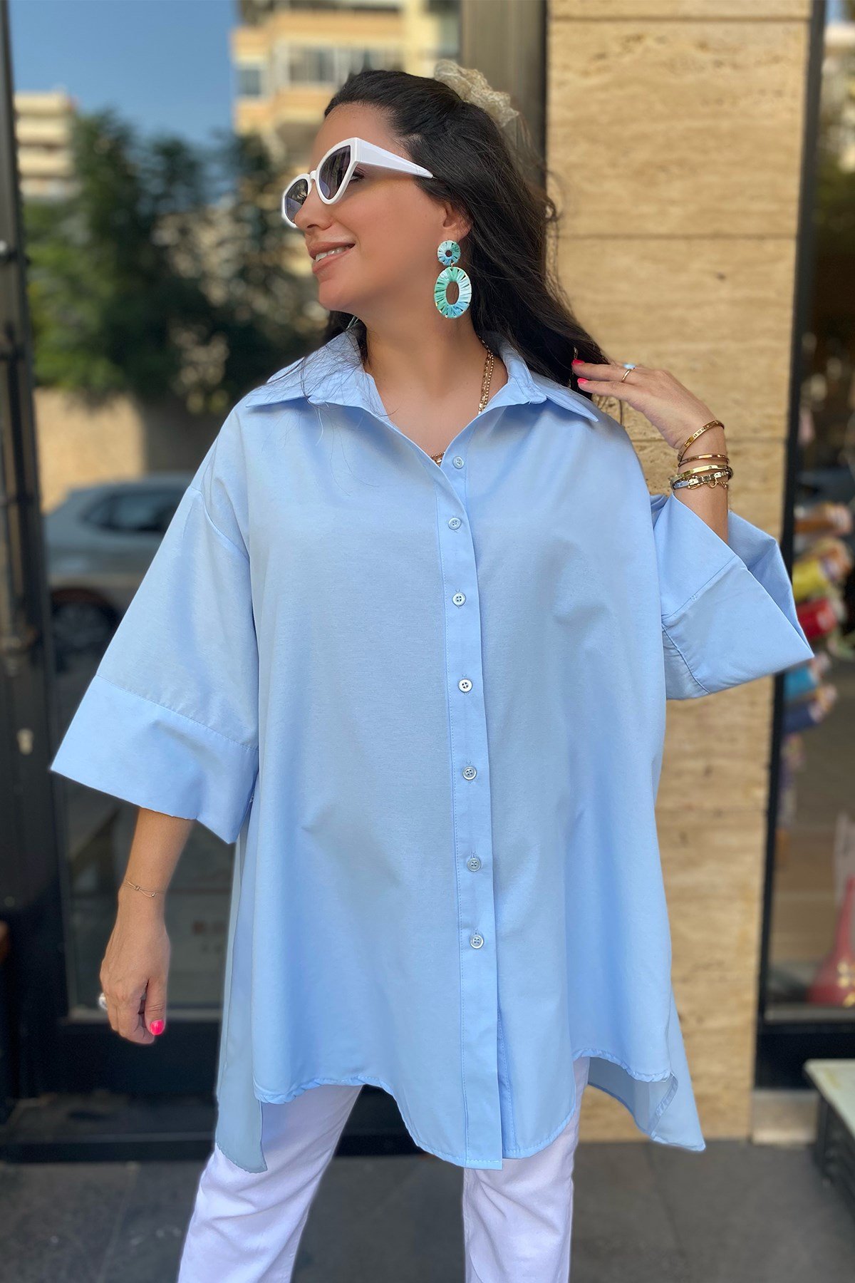 Bebe Mavi Oversize Poplin Gömlek