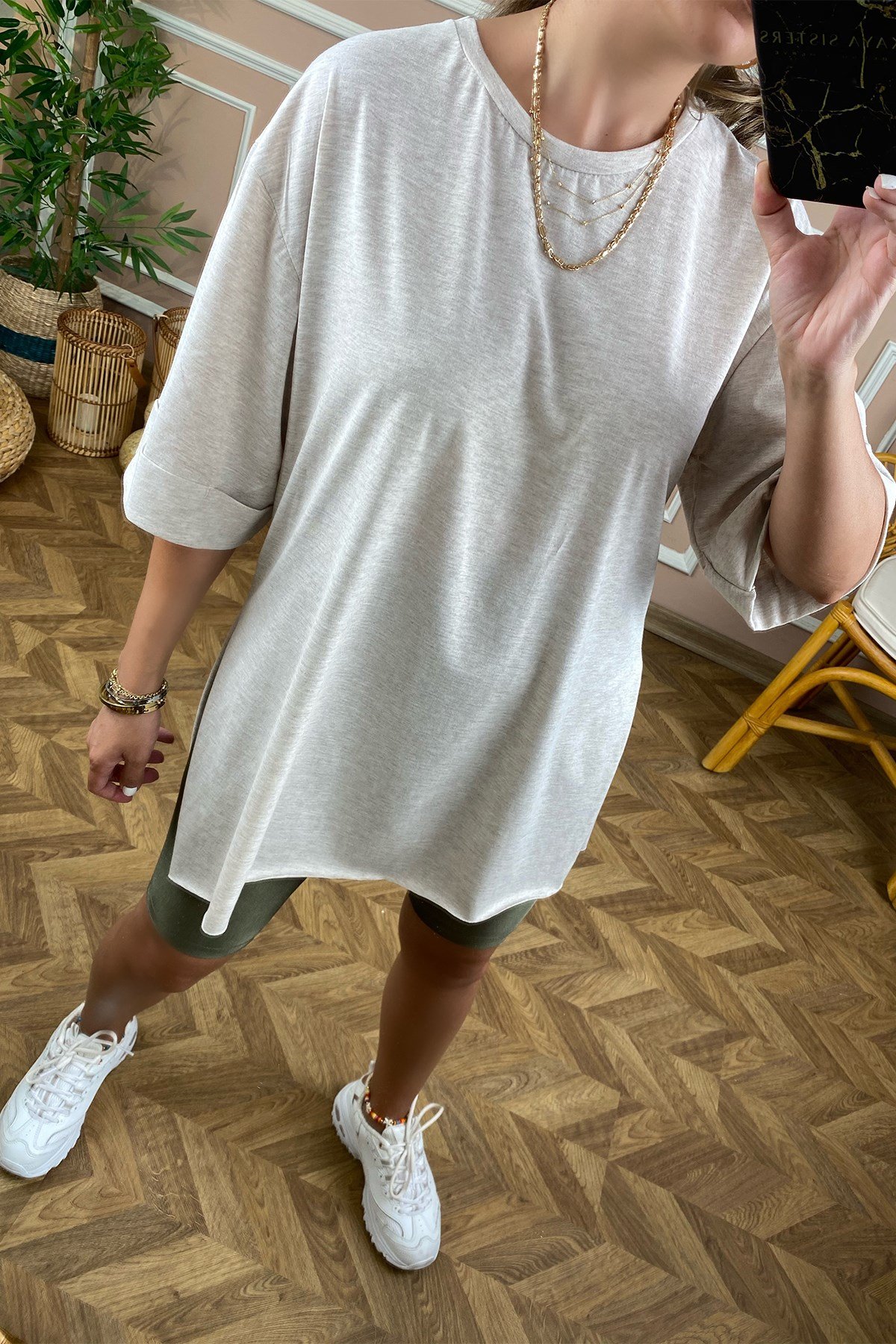 Bej  Basic Uzun Boyfriend Tshirt