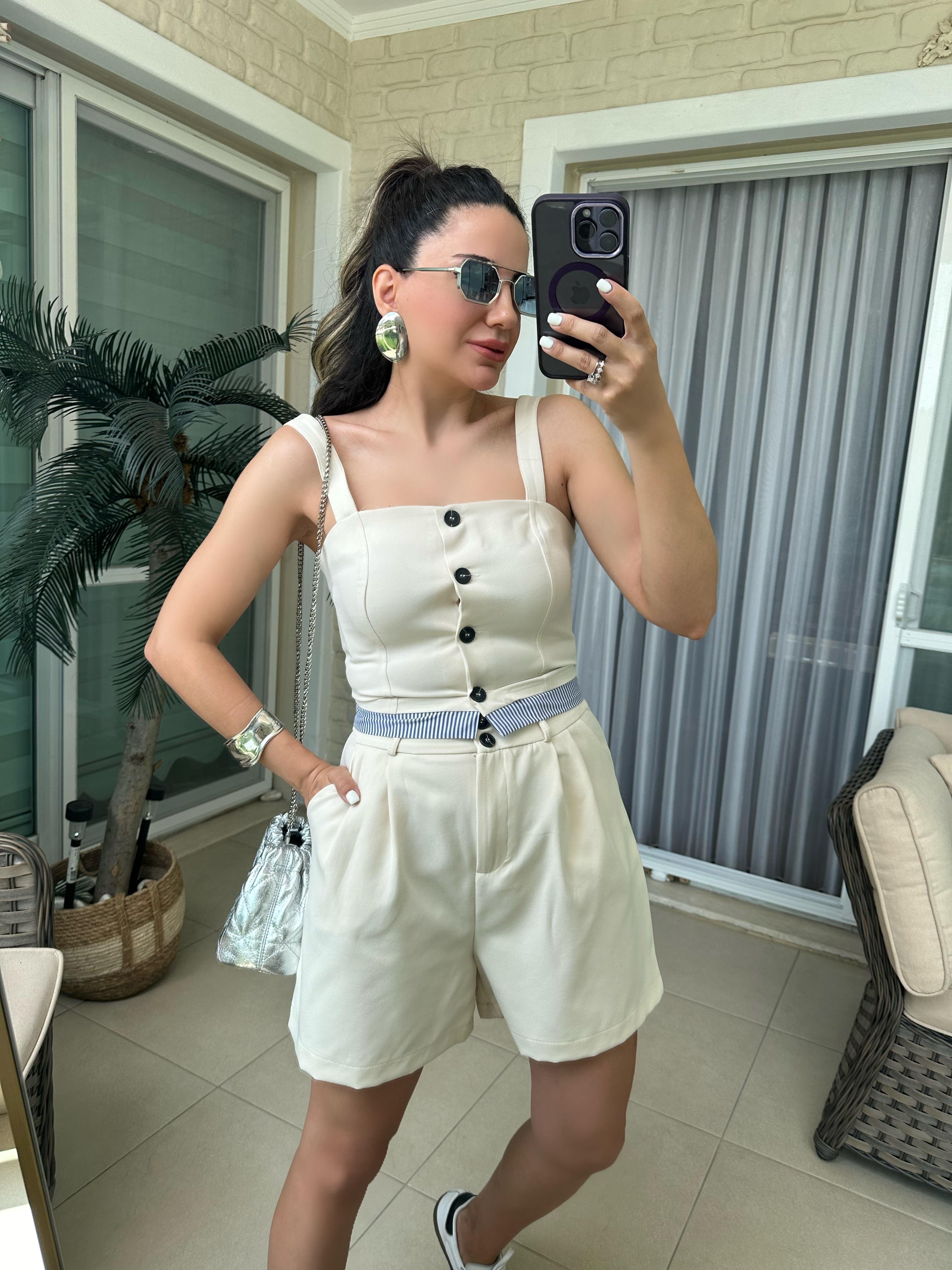 Bej Askılı Şort Bluz Takım