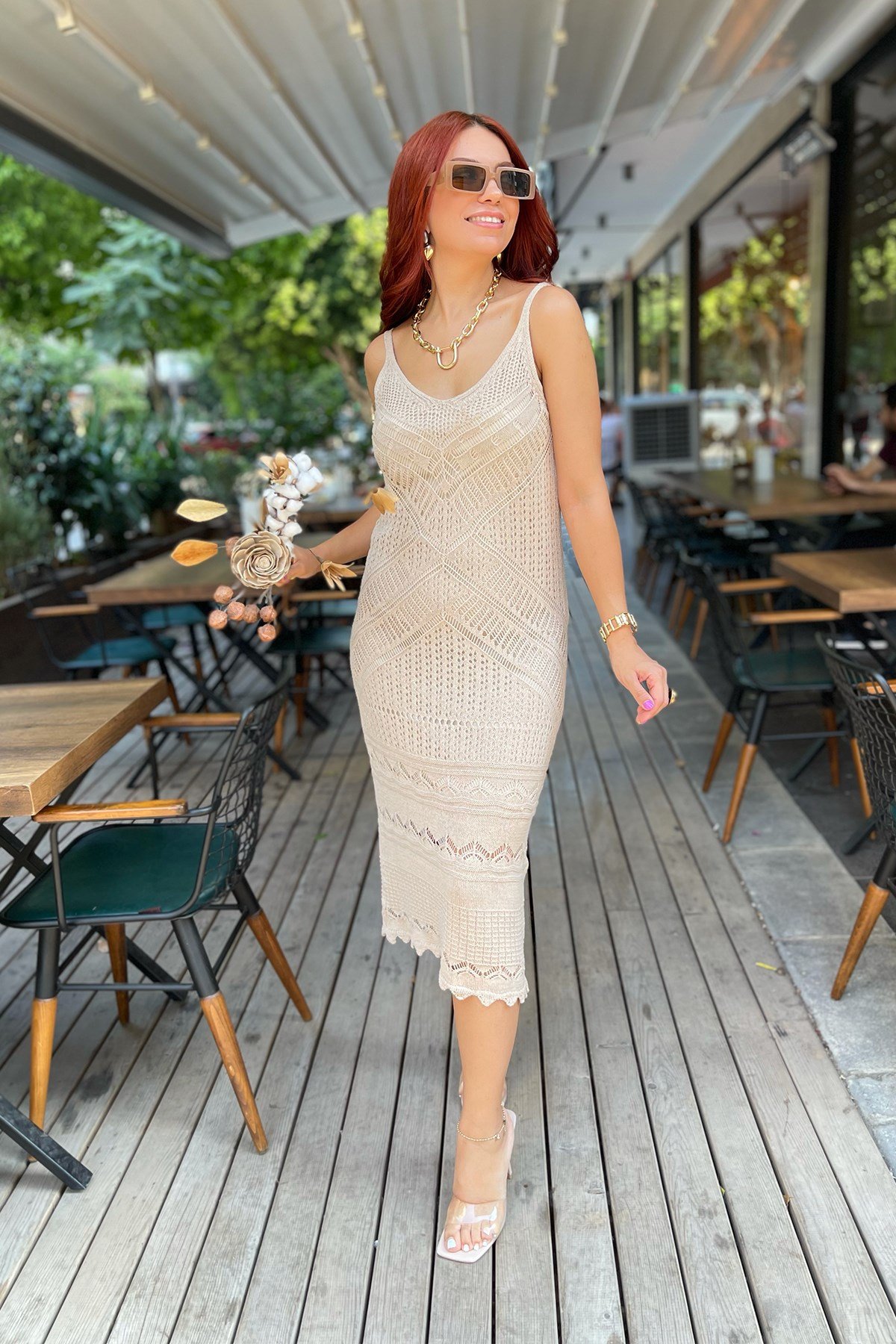 Bej Askılı Triko Elbise