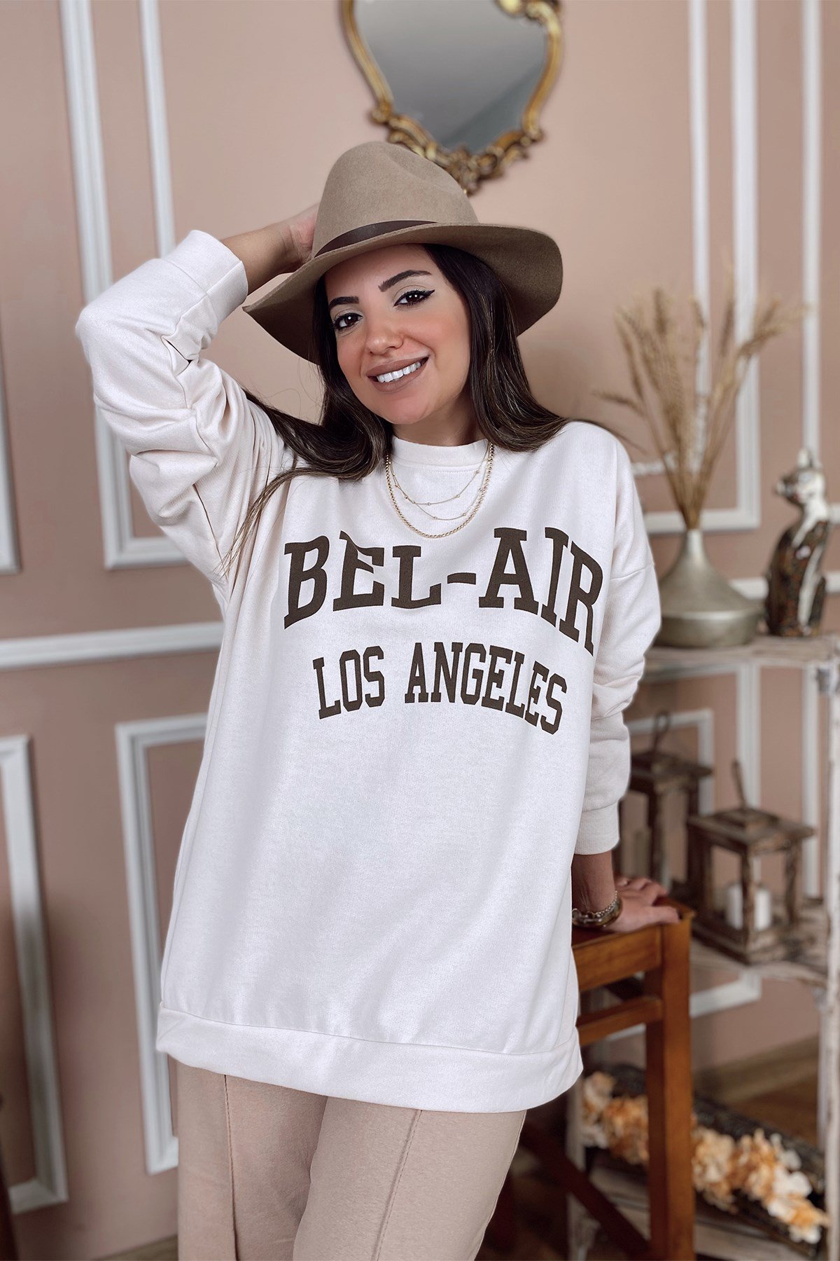 Bej Baskılı Sweatshirt