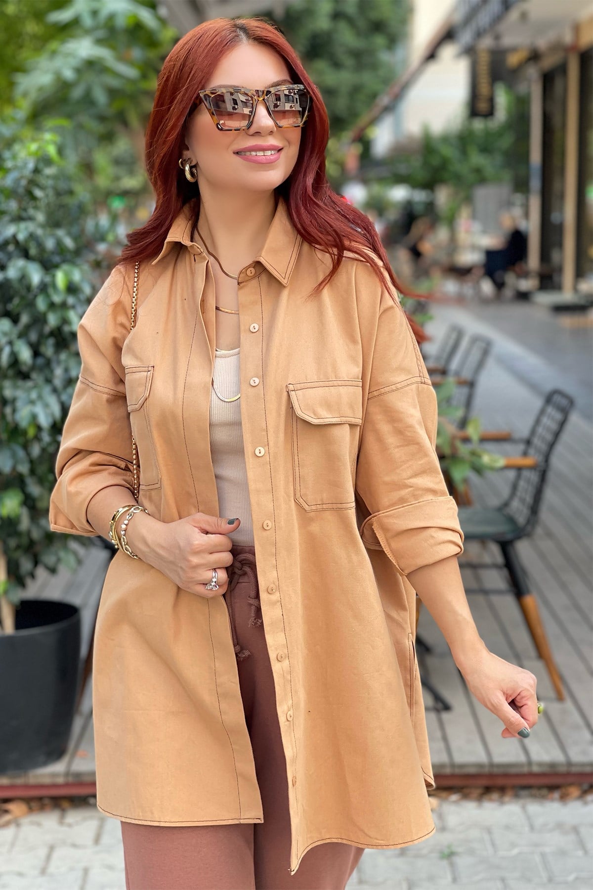 Bej Cepli Oversize Gömlek