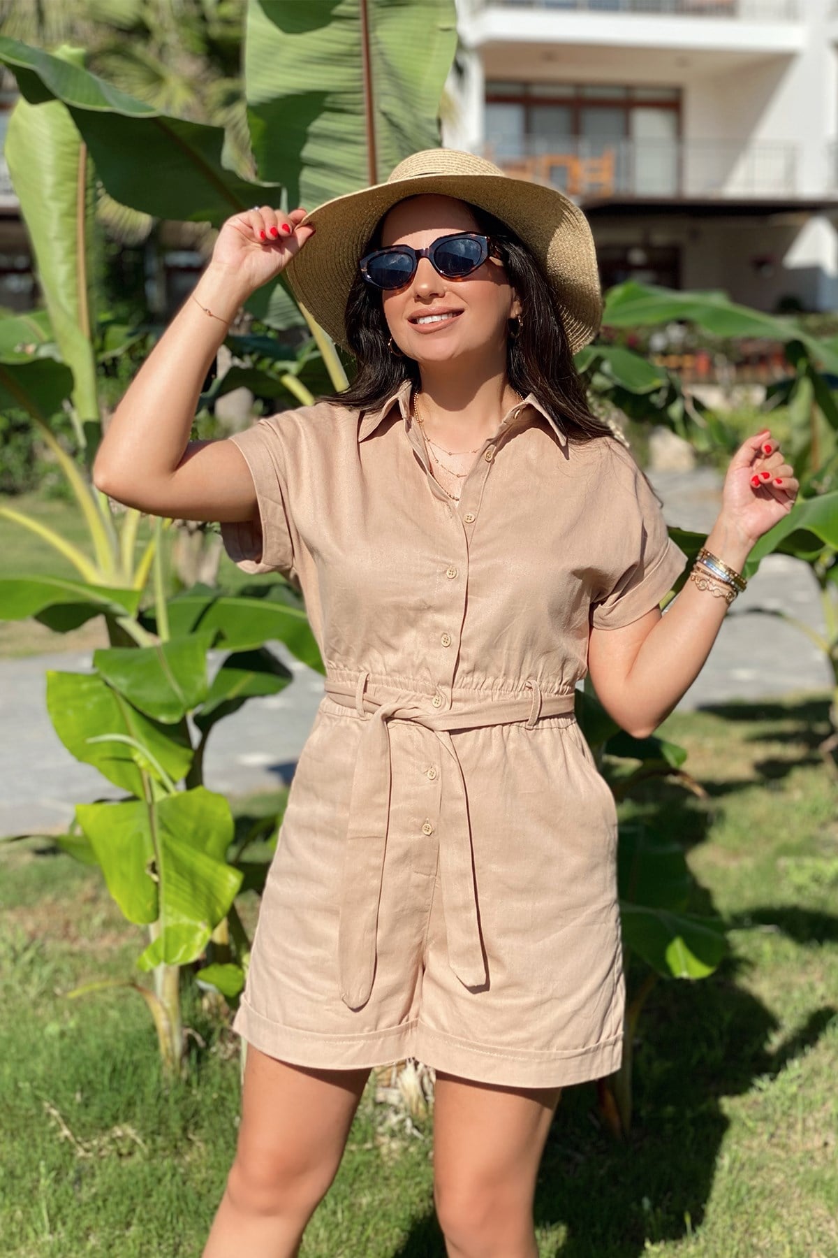 Bej Keten Şort Tulum