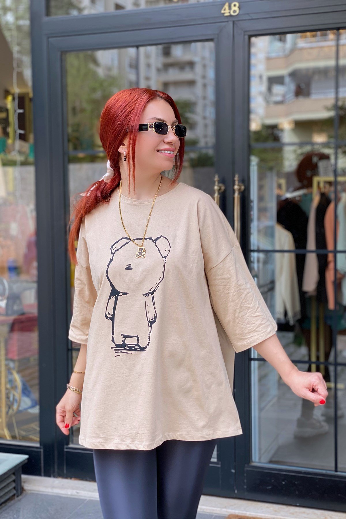 Bej Panda Baskılı Oversize Tshirt