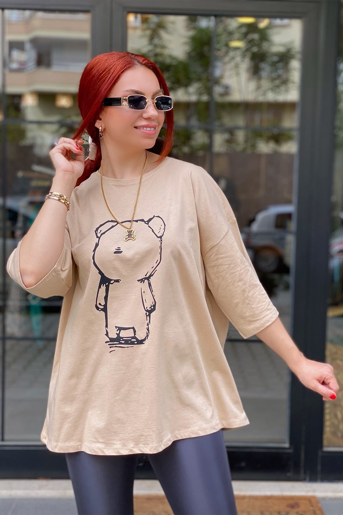 Bej Panda Baskılı Oversize Tshirt