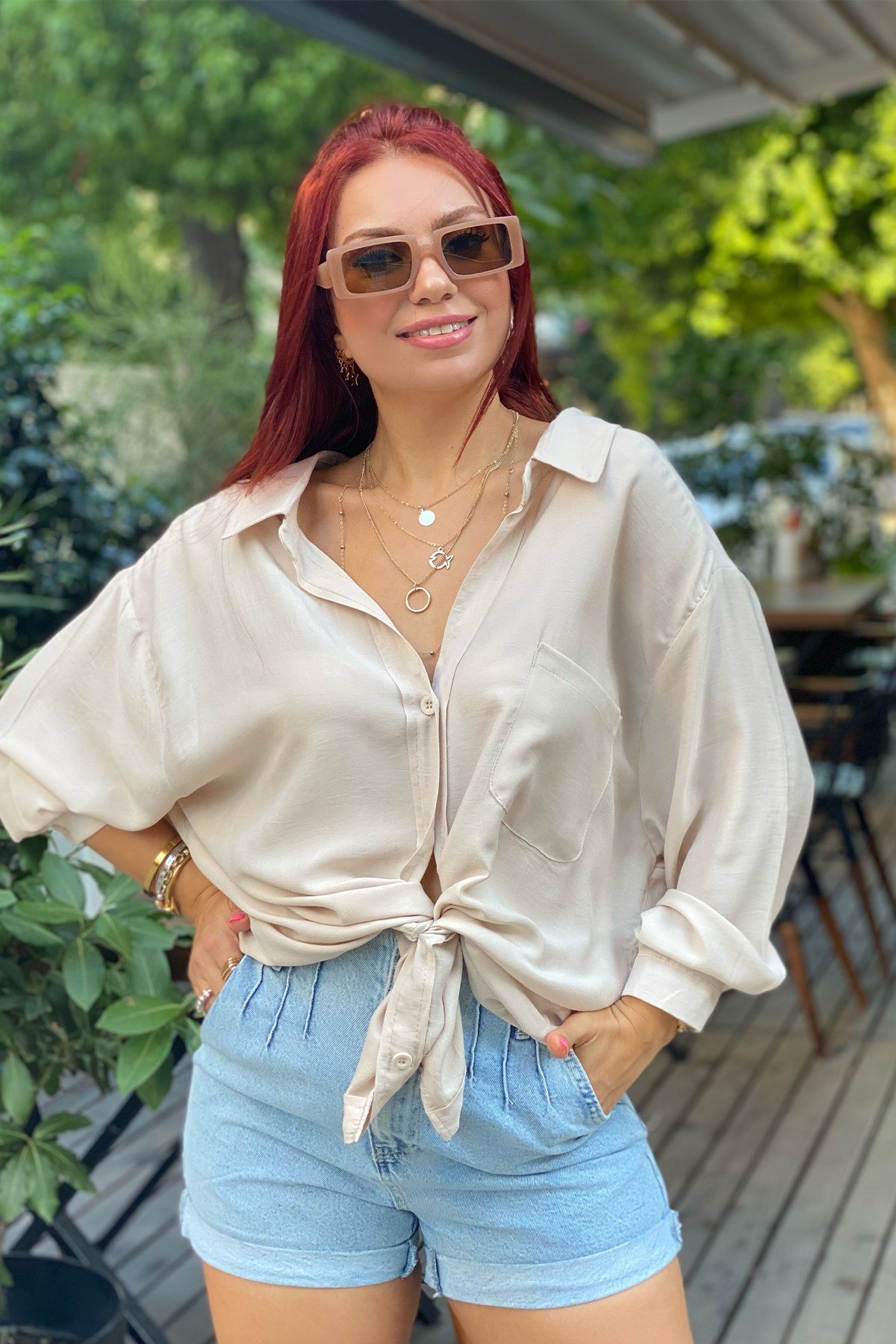 Bej Renk  Oversize Gömlek