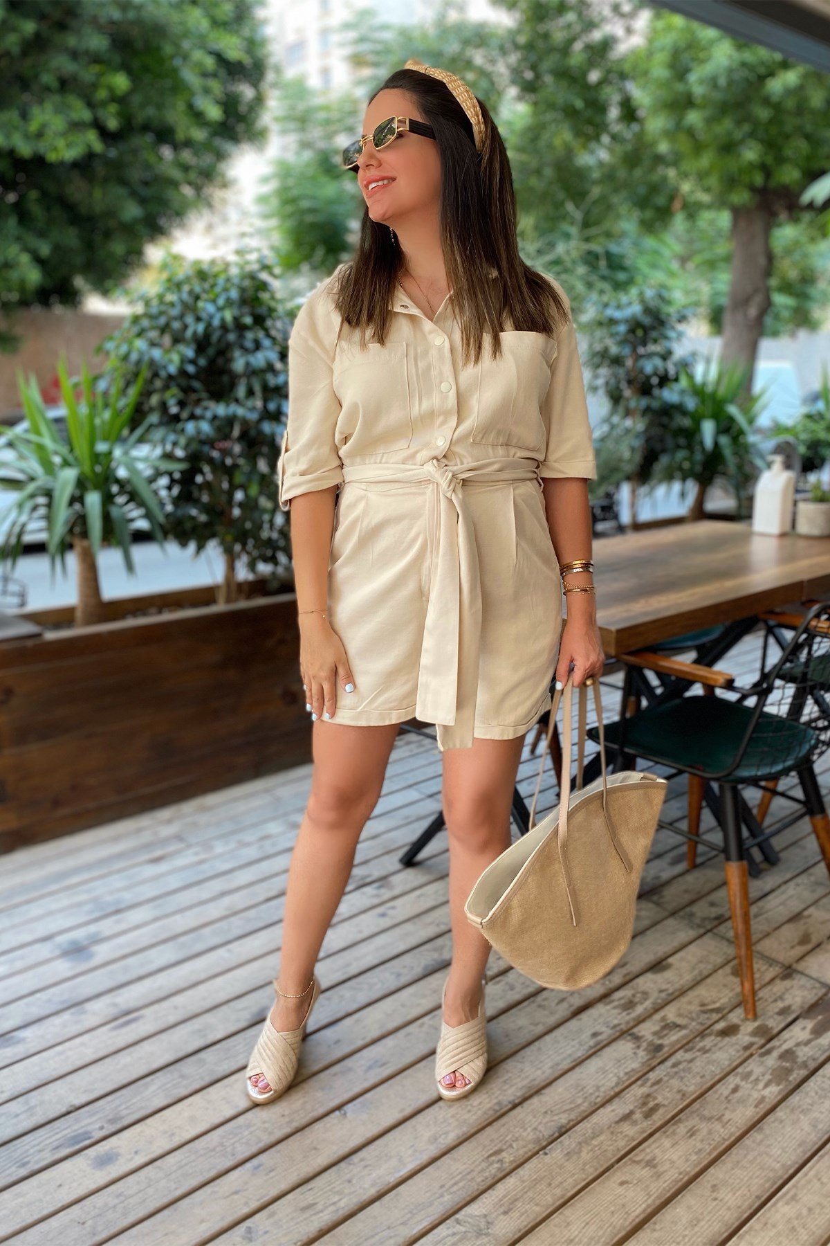 Bej Renk Önü Düğmeli Şort Tulum