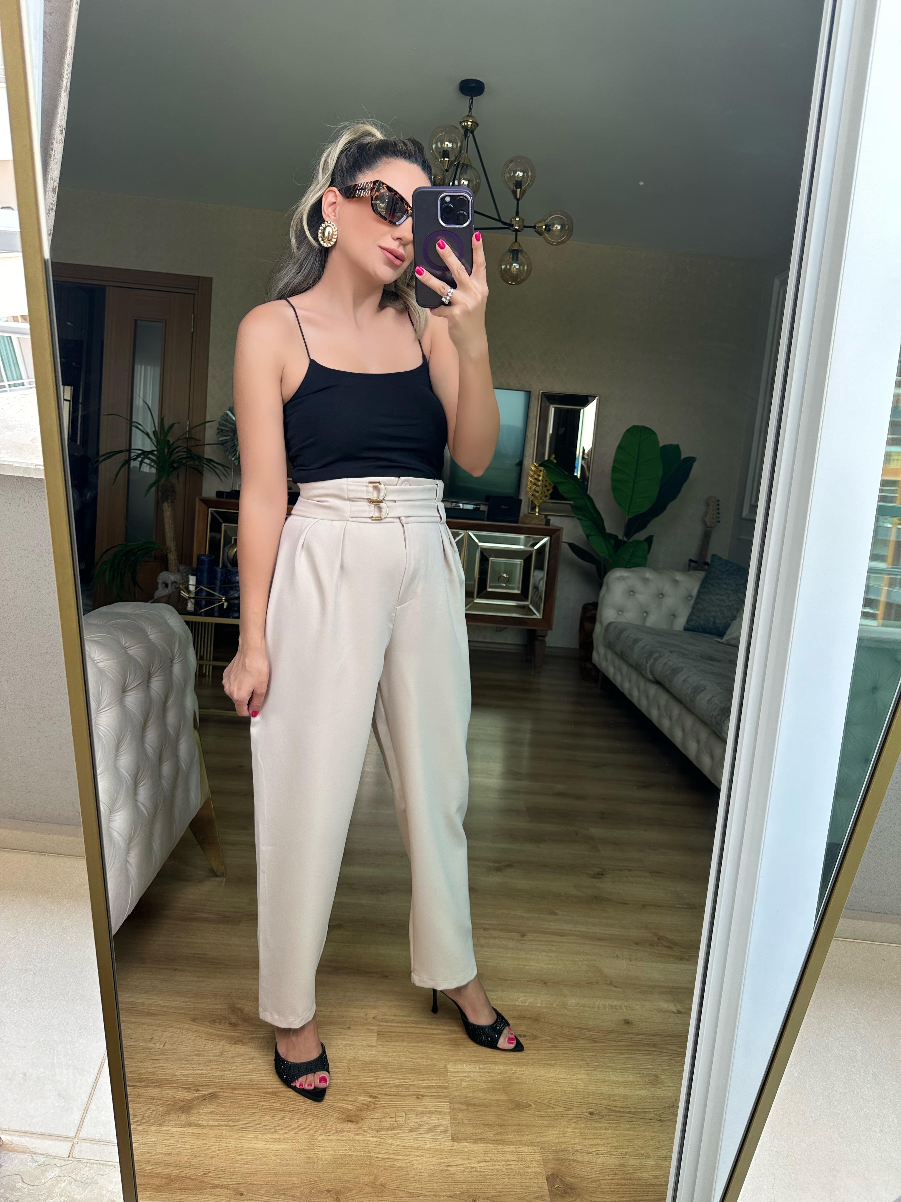 Bej Renk Tokalı Kumaş Pantolon