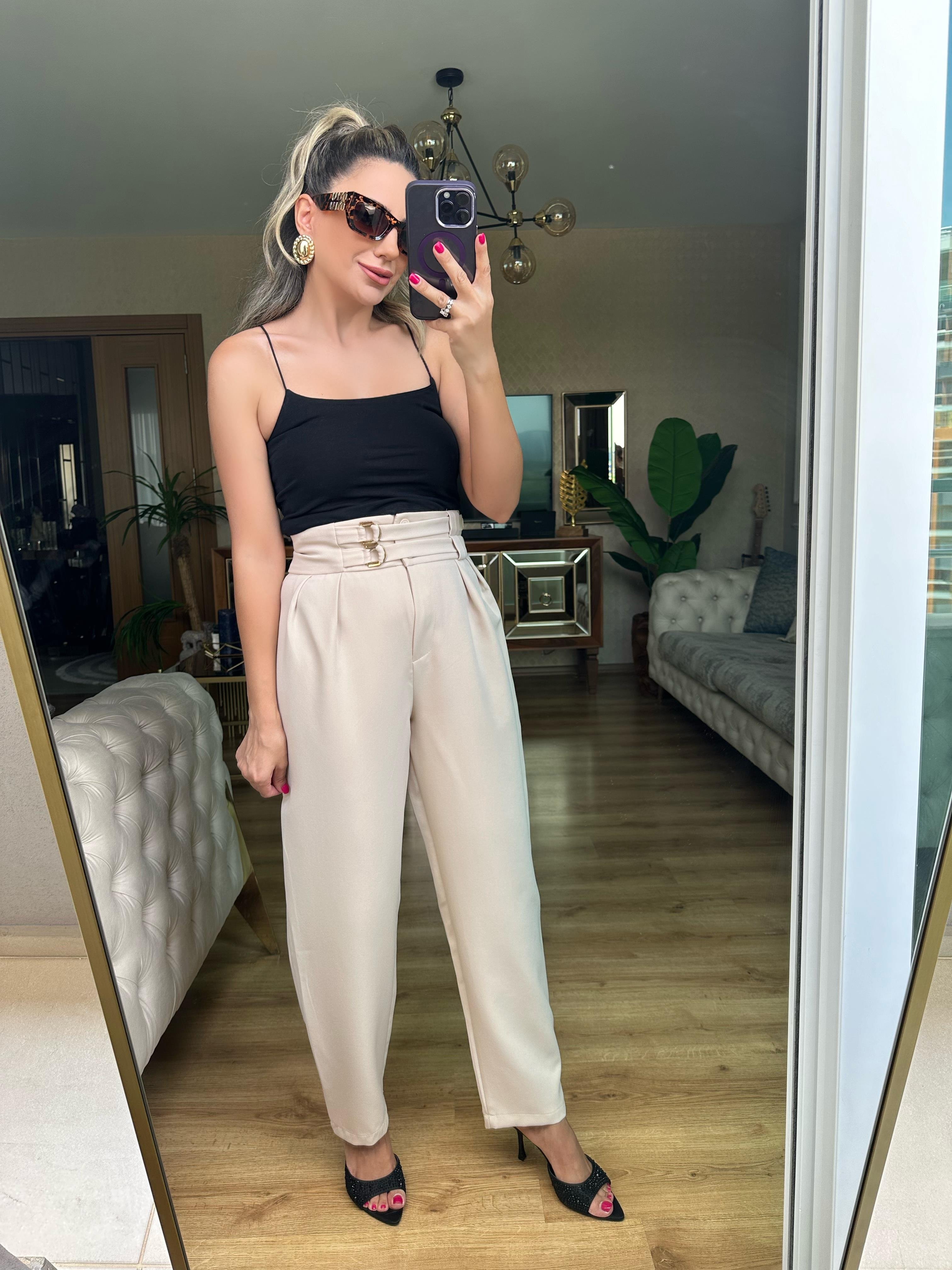 Bej Renk Tokalı Kumaş Pantolon