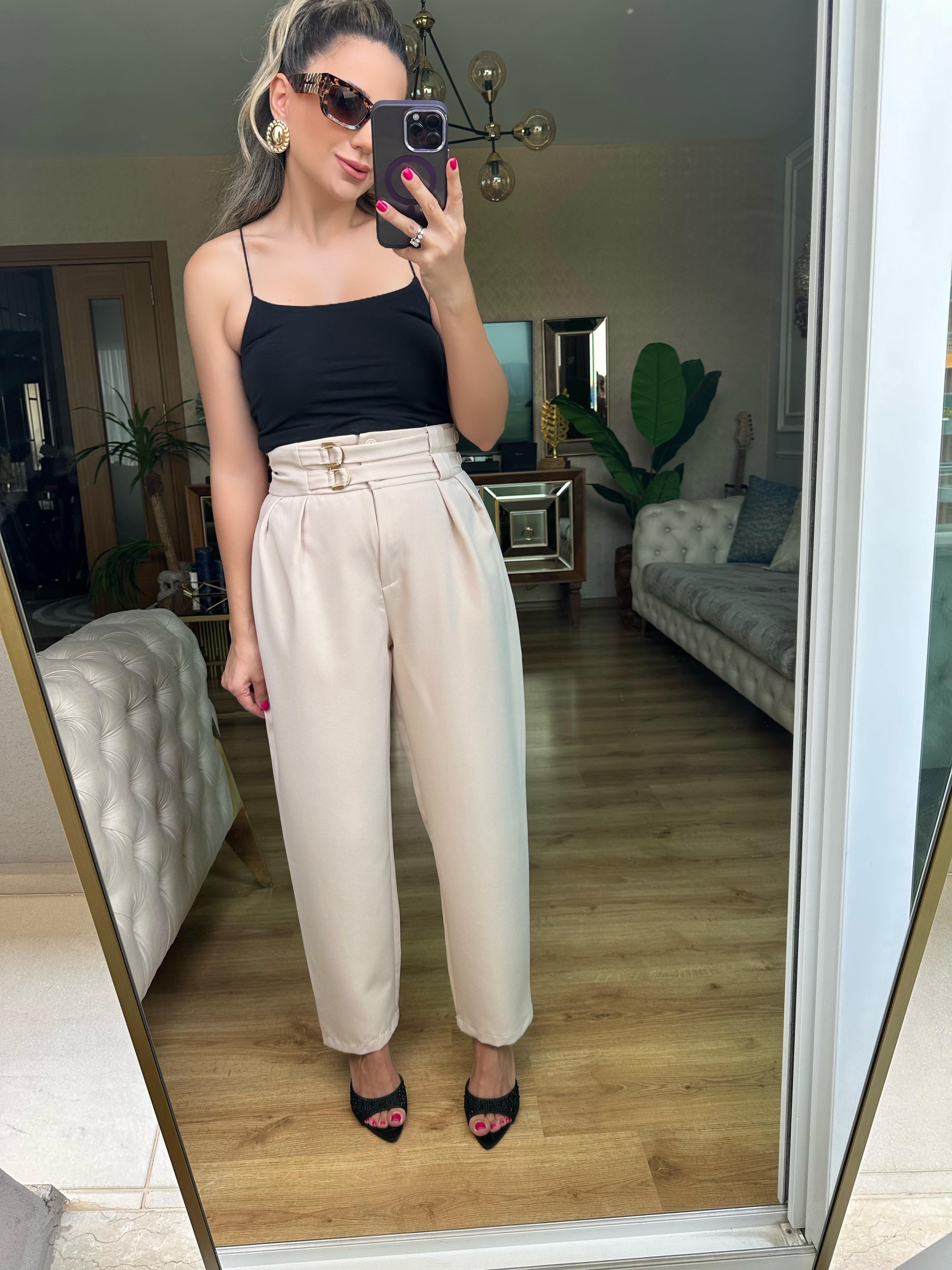 Bej Renk Tokalı Kumaş Pantolon