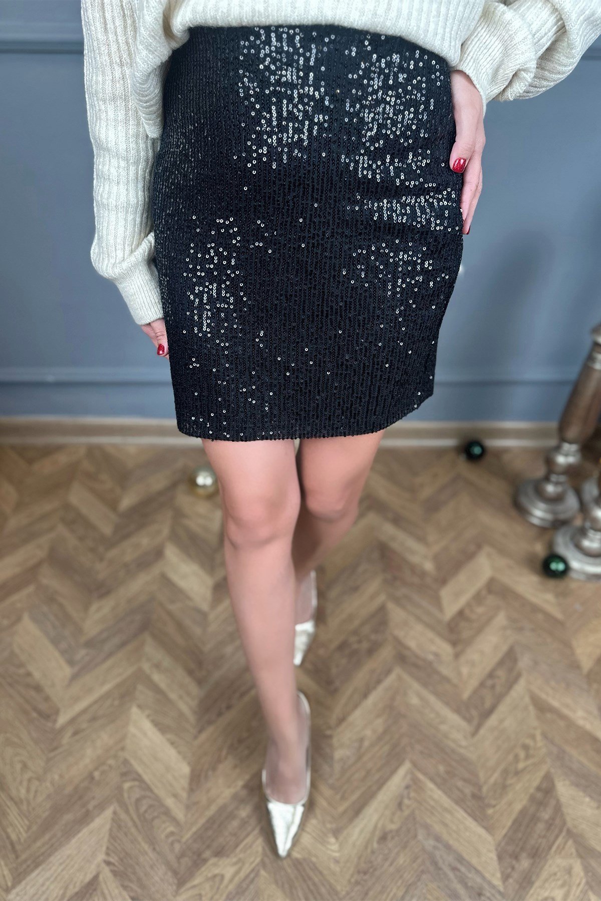 Bel Lastikli Siyah Payetli Mini Etek