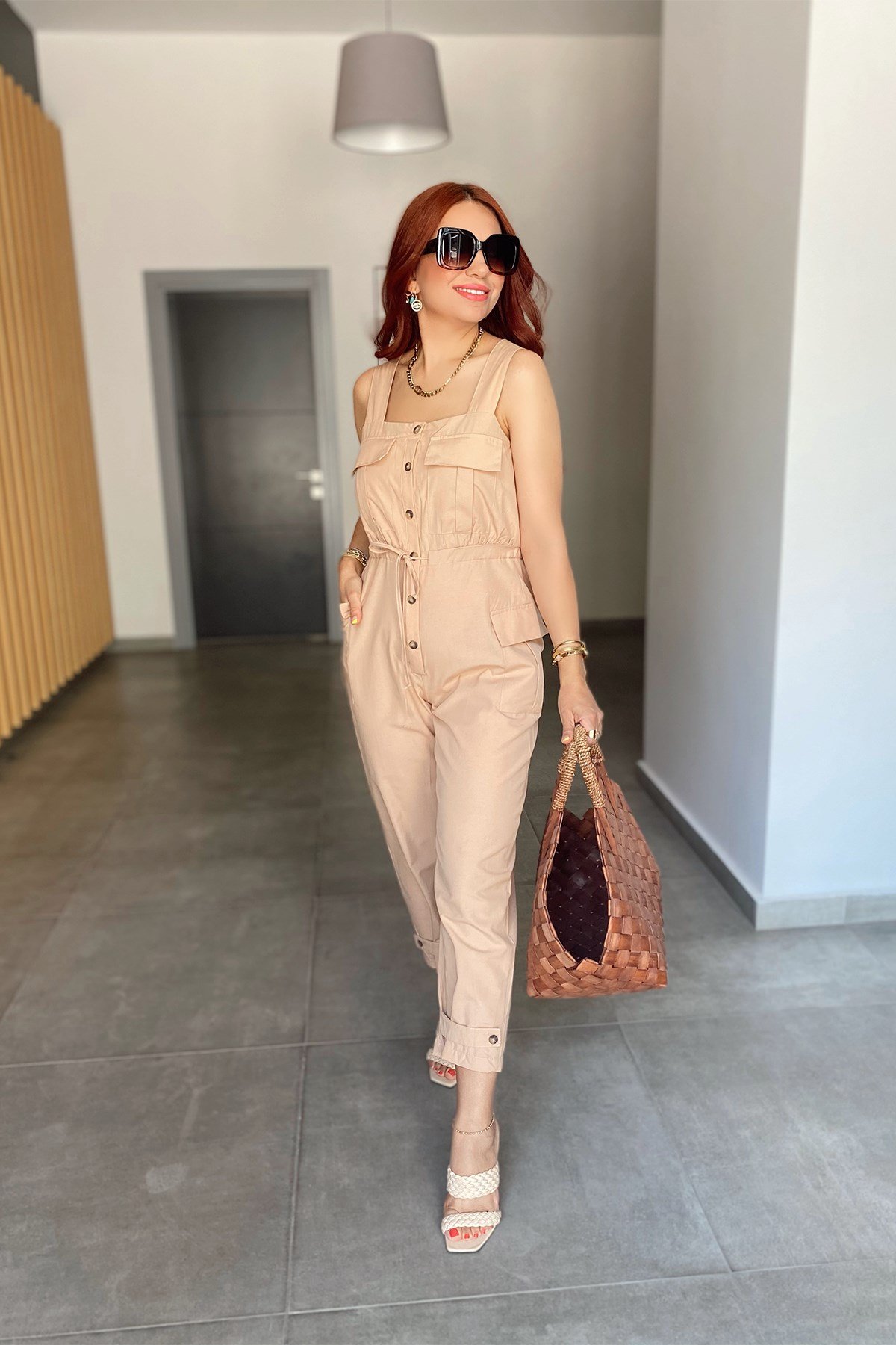 Beli Büzgülü Bej Uzun Tulum