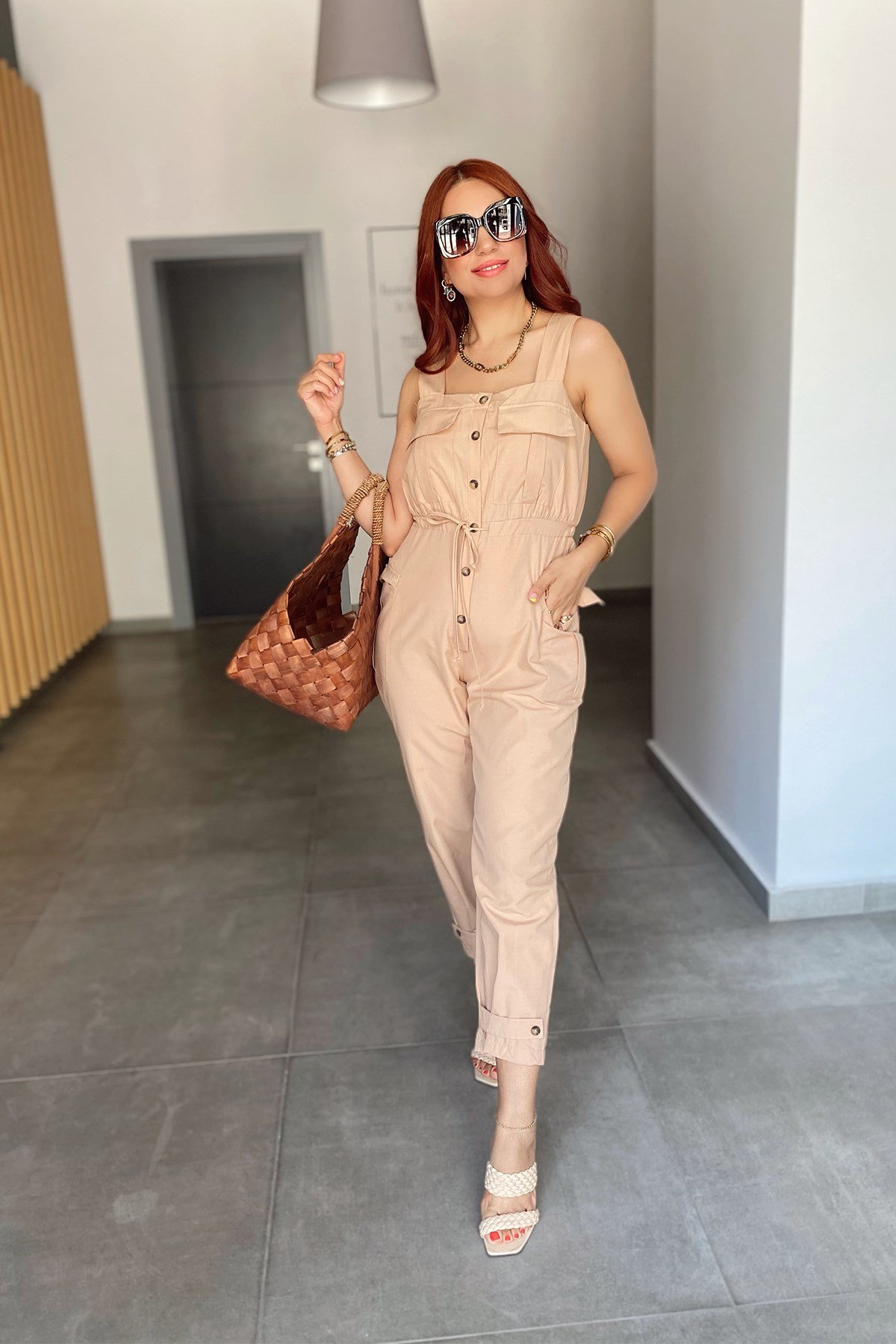 Beli Büzgülü Bej Uzun Tulum