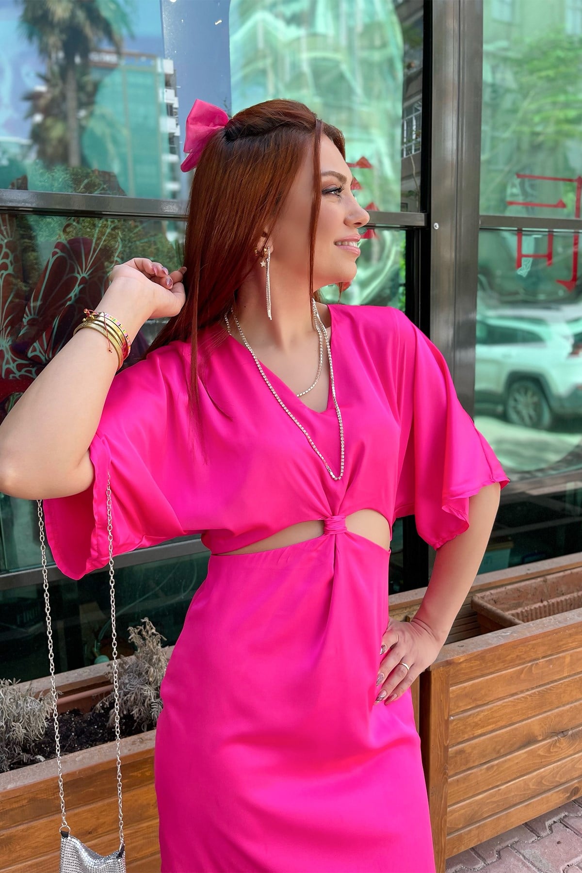 Beli Düğümlü Pembe Elbise