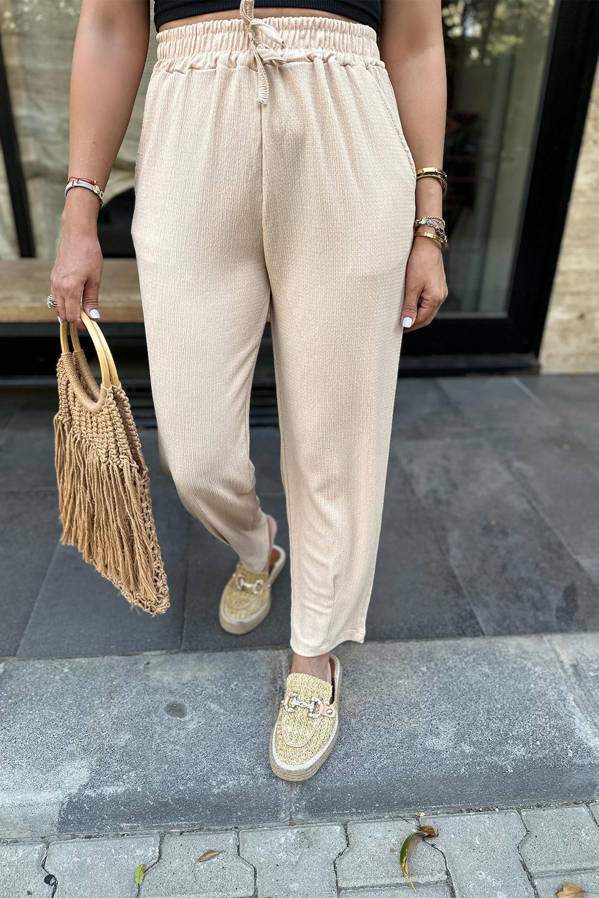 Beli Lastikli Bej Pantolon