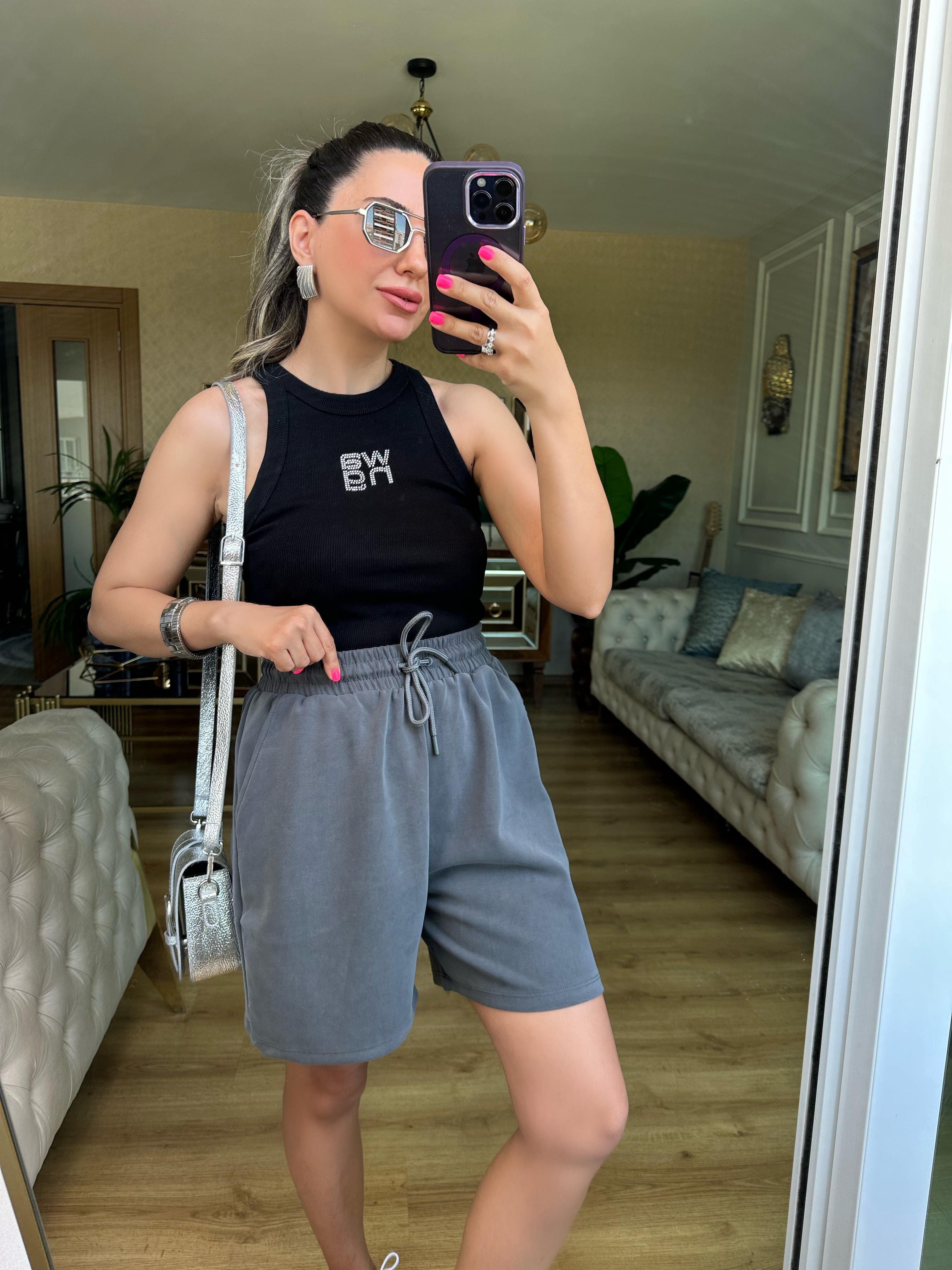 Beli Lastikli Gri Oys Şort