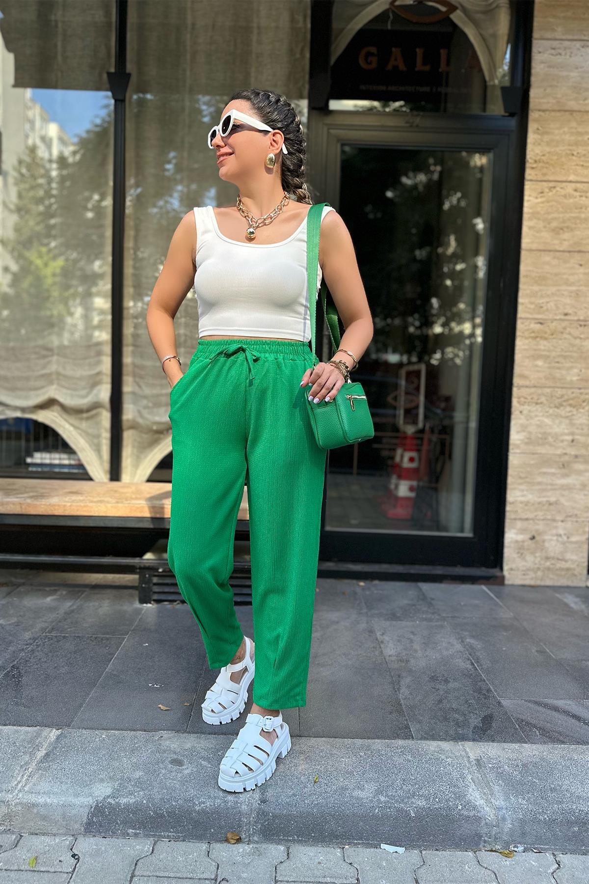 Beli Lastikli Yeşil  Pantolon
