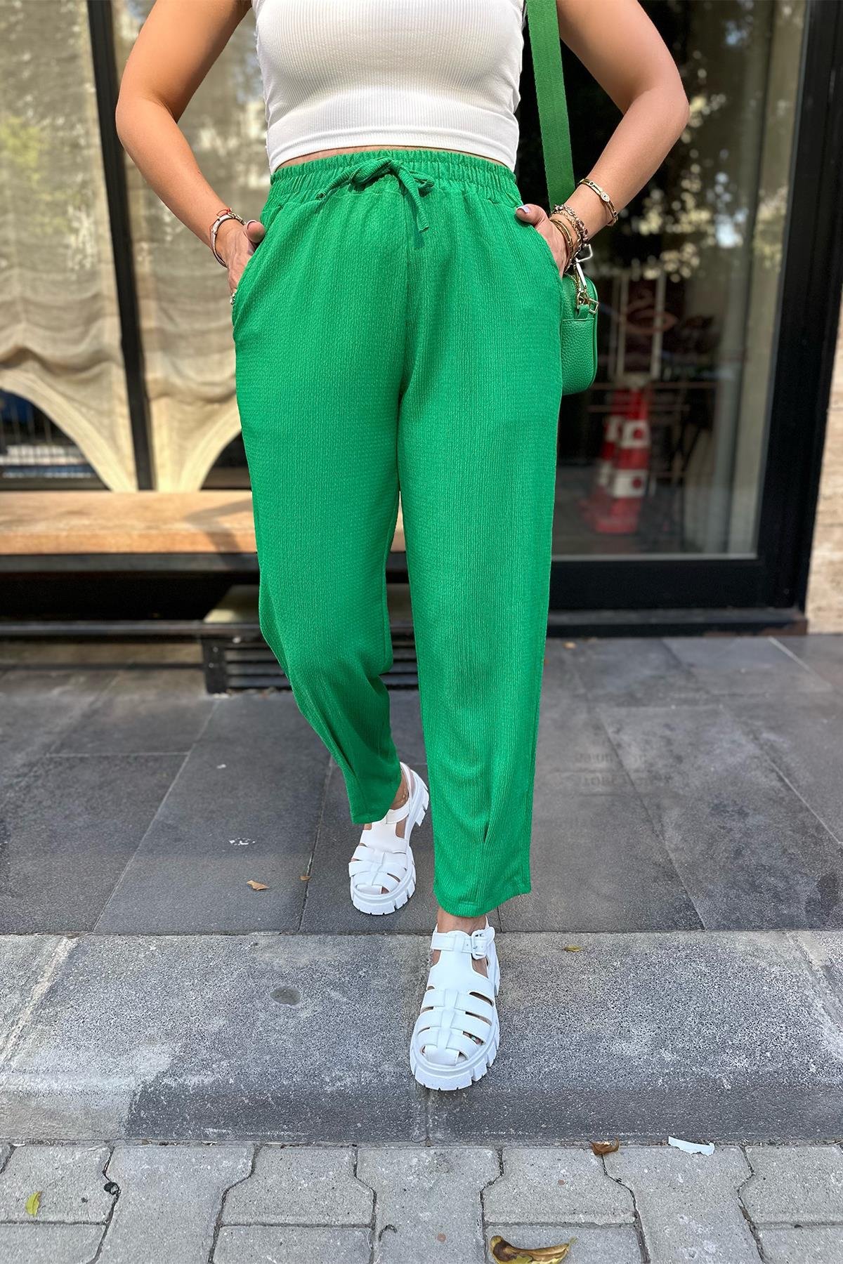 Beli Lastikli Yeşil  Pantolon