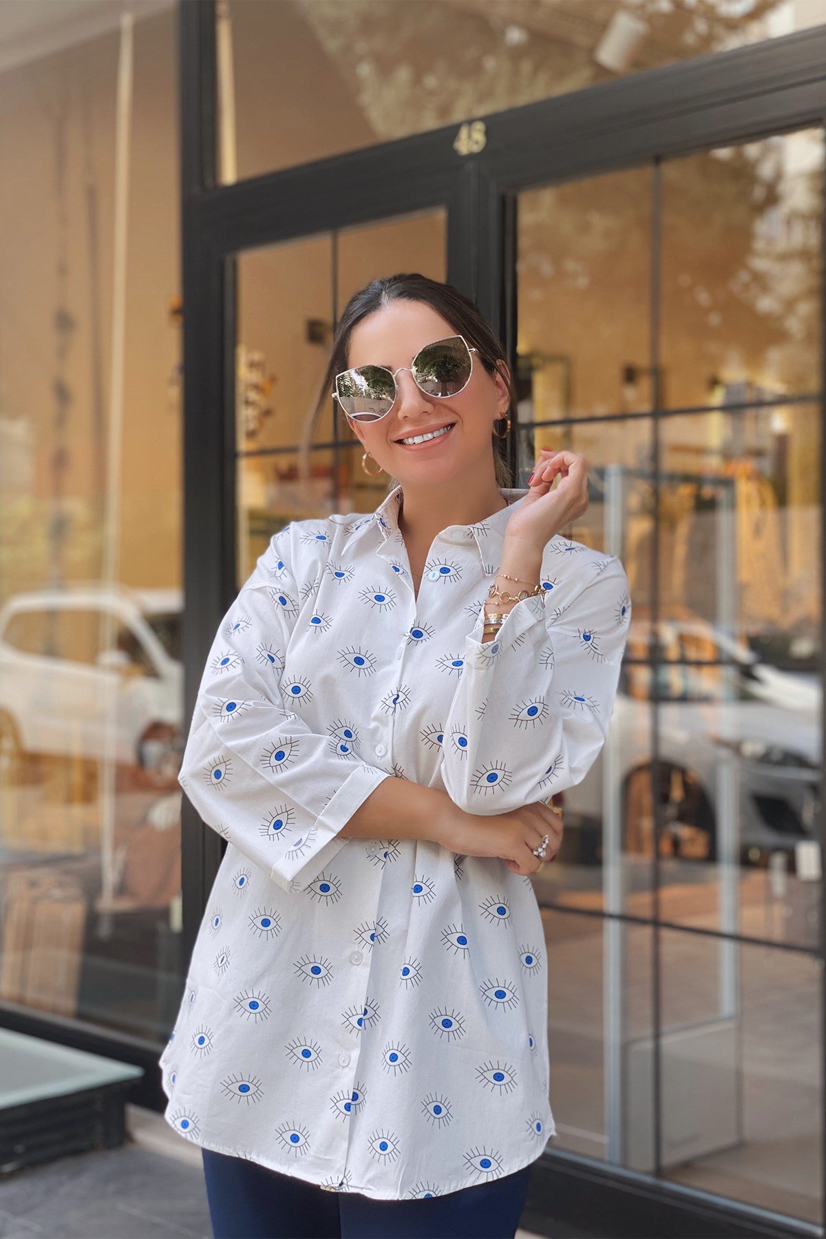 Beyaz Göz Desenli Gömlek
