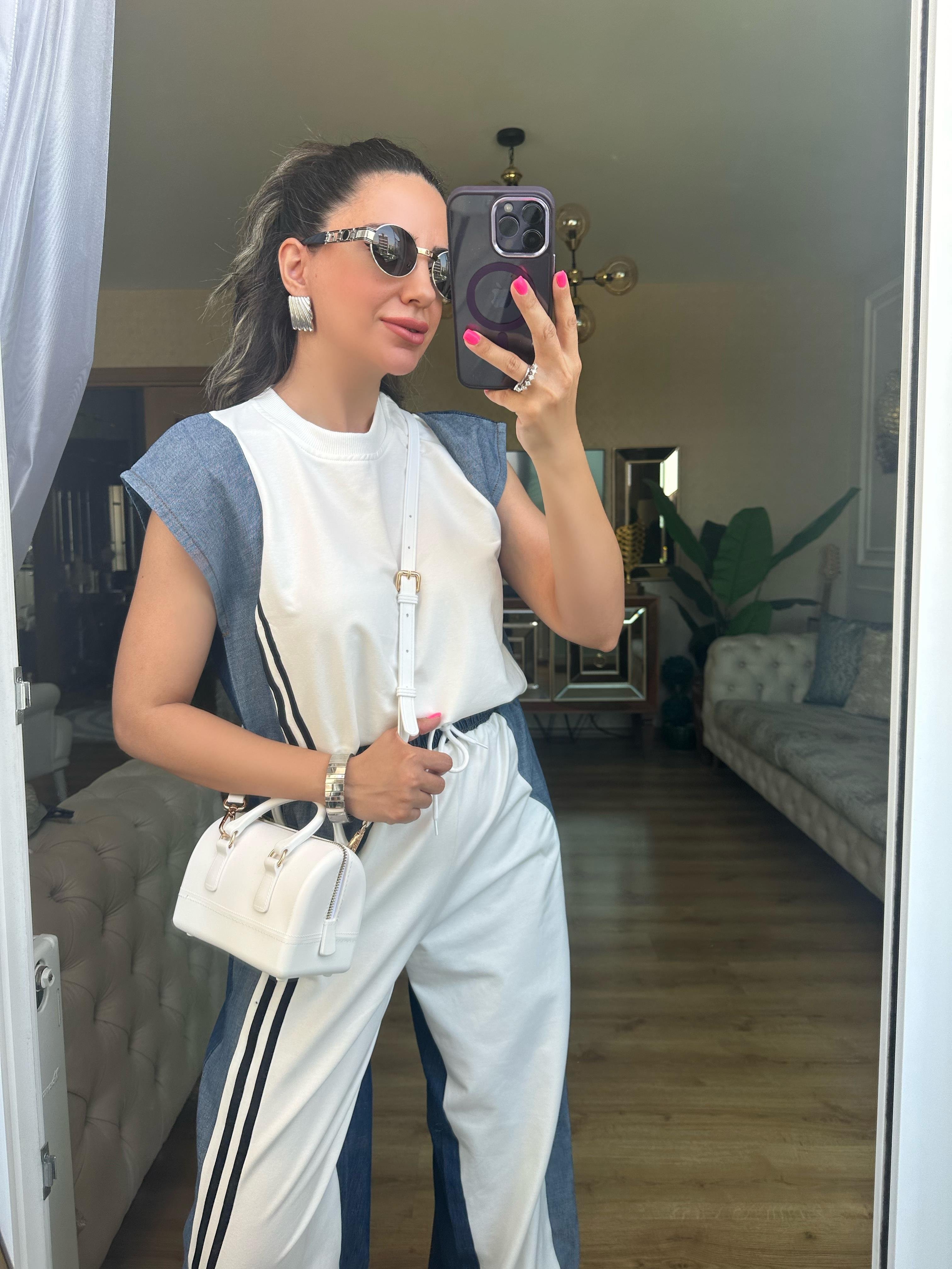 Beyaz Kot Detaylı Pantolon Bluz Takım