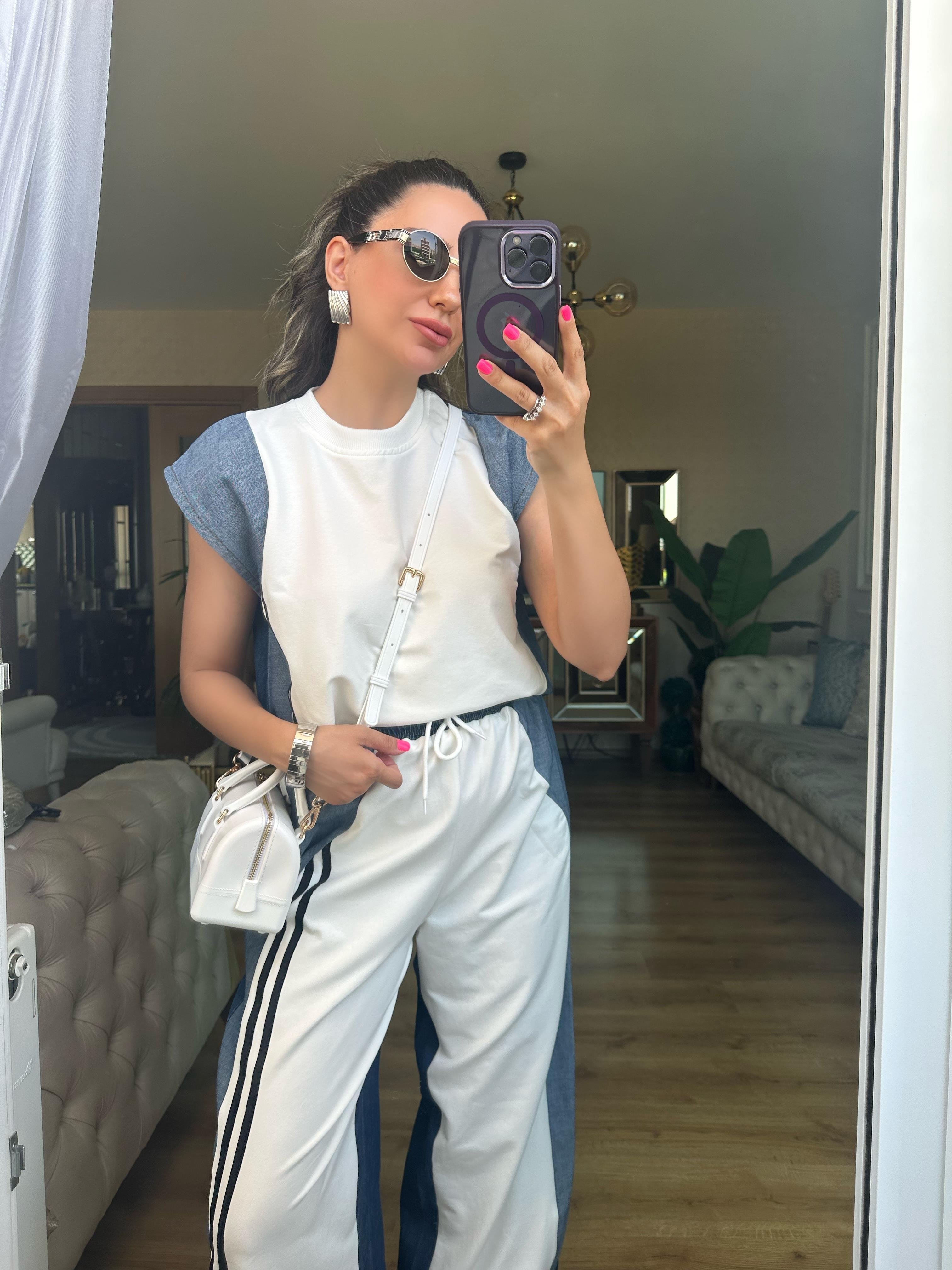 Beyaz Kot Detaylı Pantolon Bluz Takım