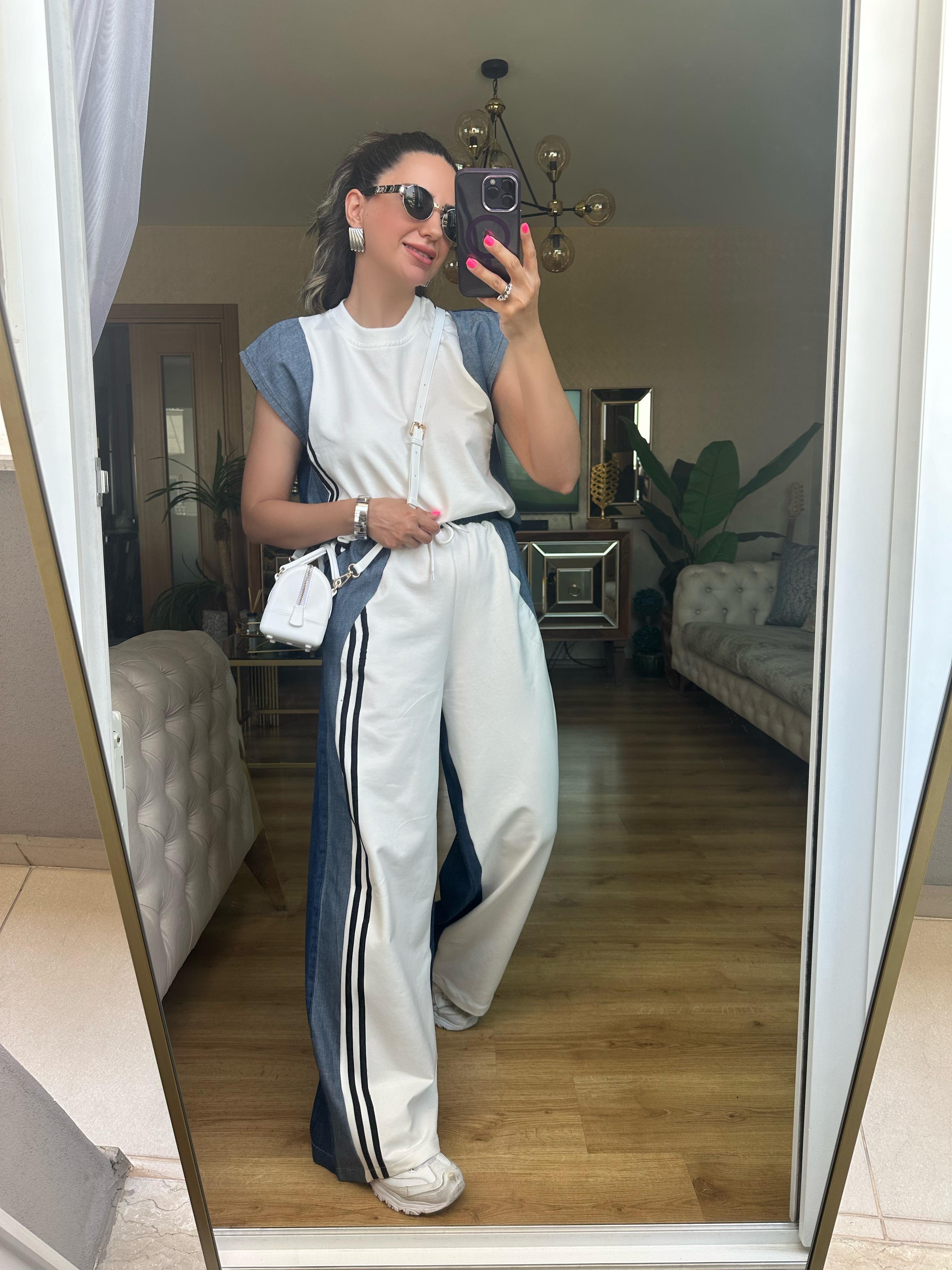 Beyaz Kot Detaylı Pantolon Bluz Takım