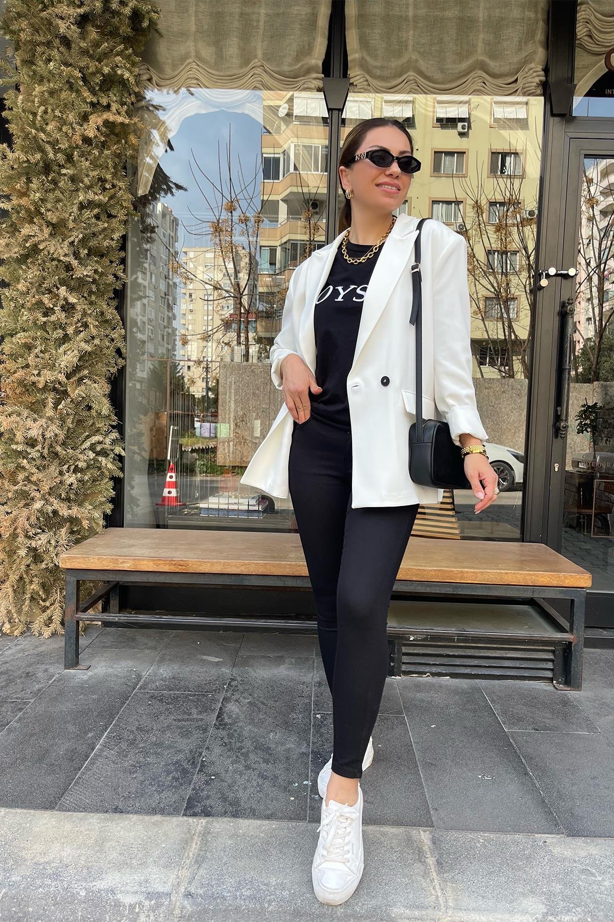 Beyaz Kruvaze Blazer Ceket