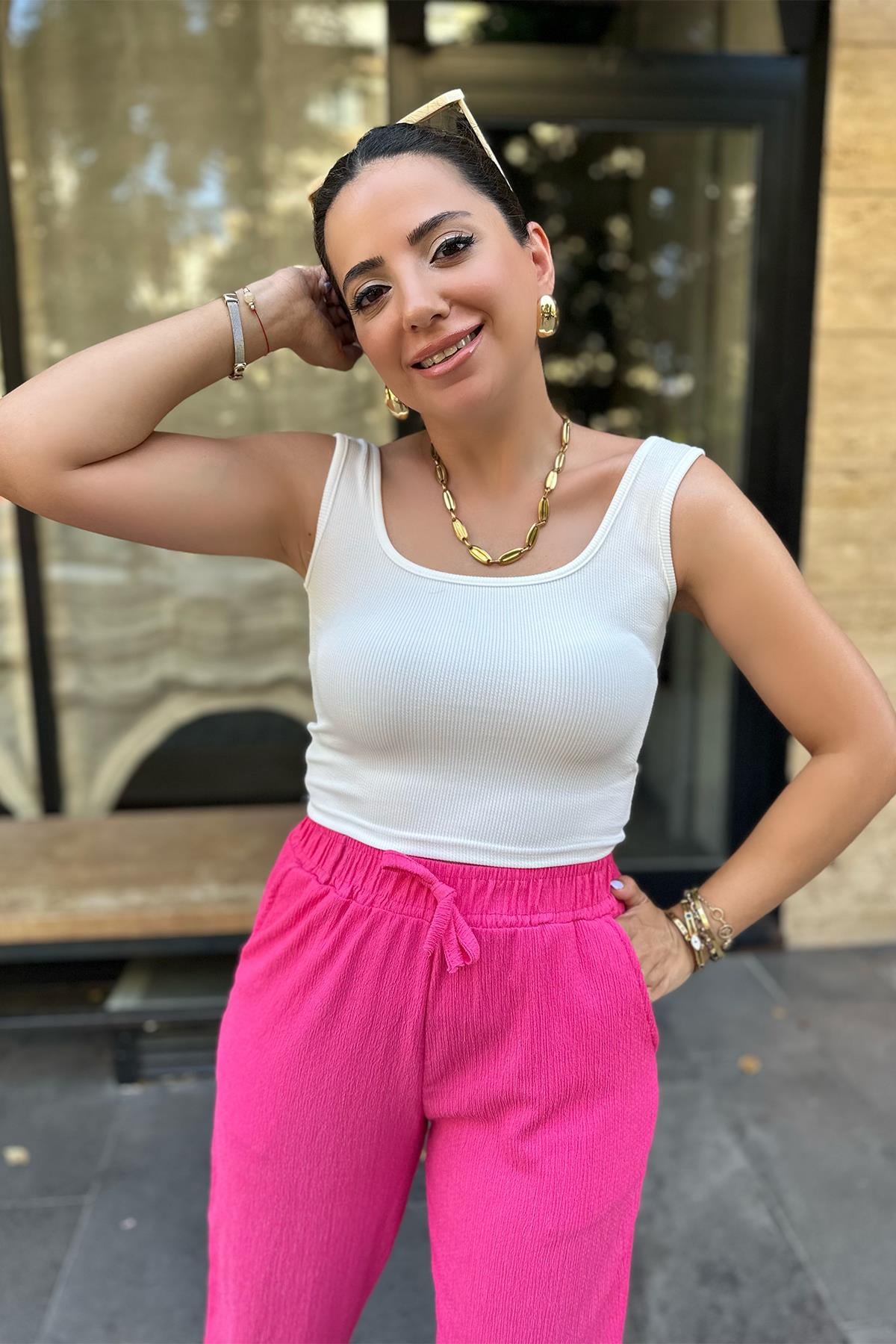 Beyaz Likralı Crop Bluz