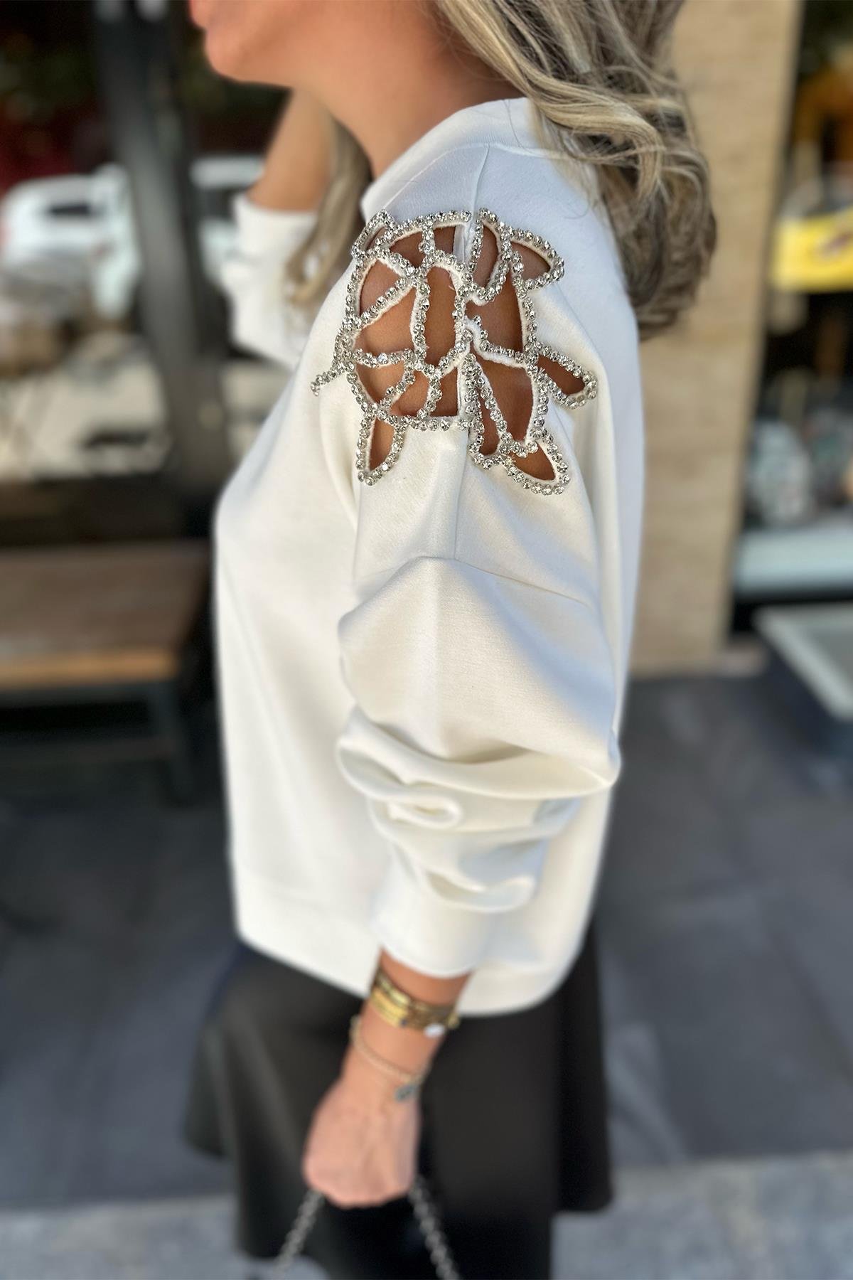 Beyaz Taş İşlemeli Sweatshirt