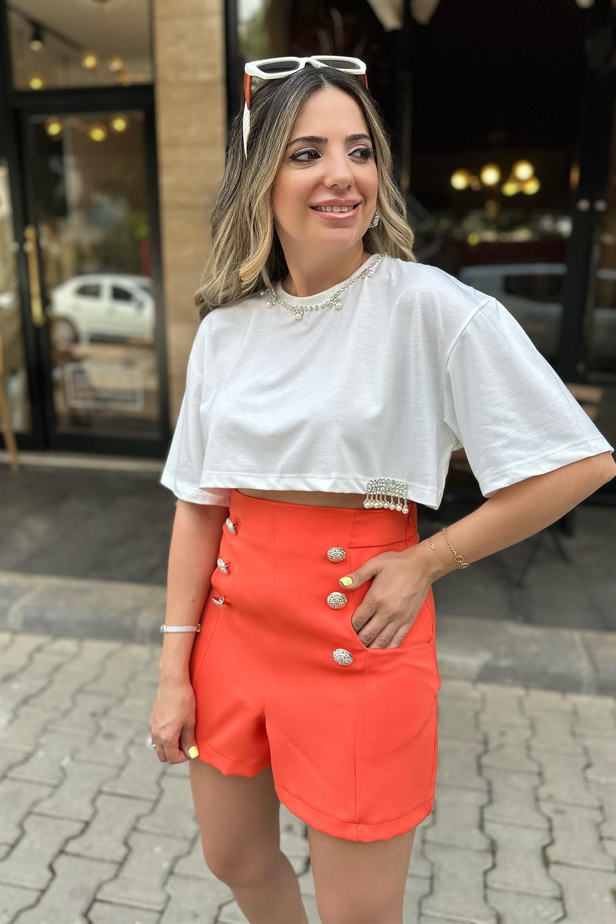 Beyaz Taşlı İncili Crop Tshirt