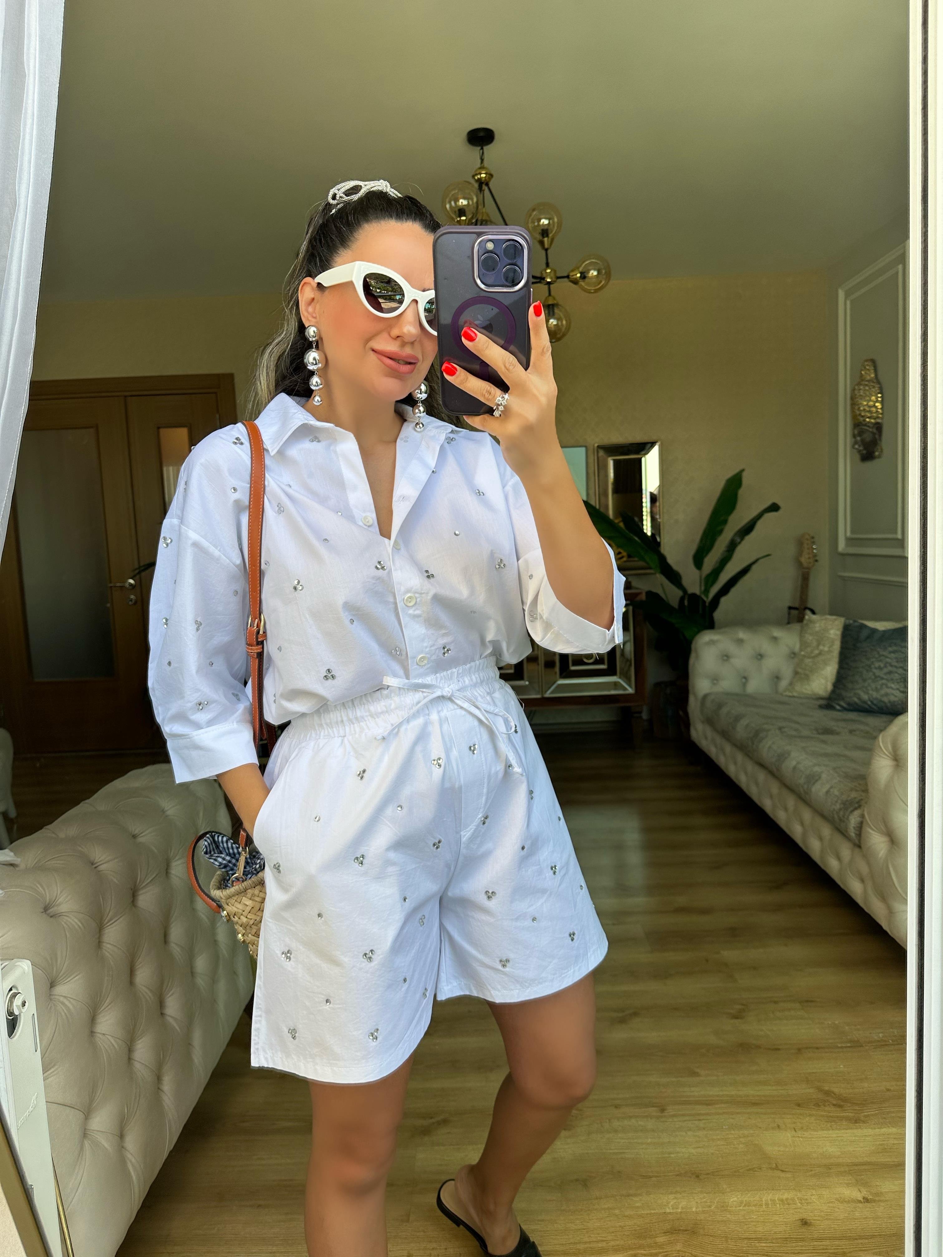 Beyaz Taşlı Poplin Şort Gömlek Takım