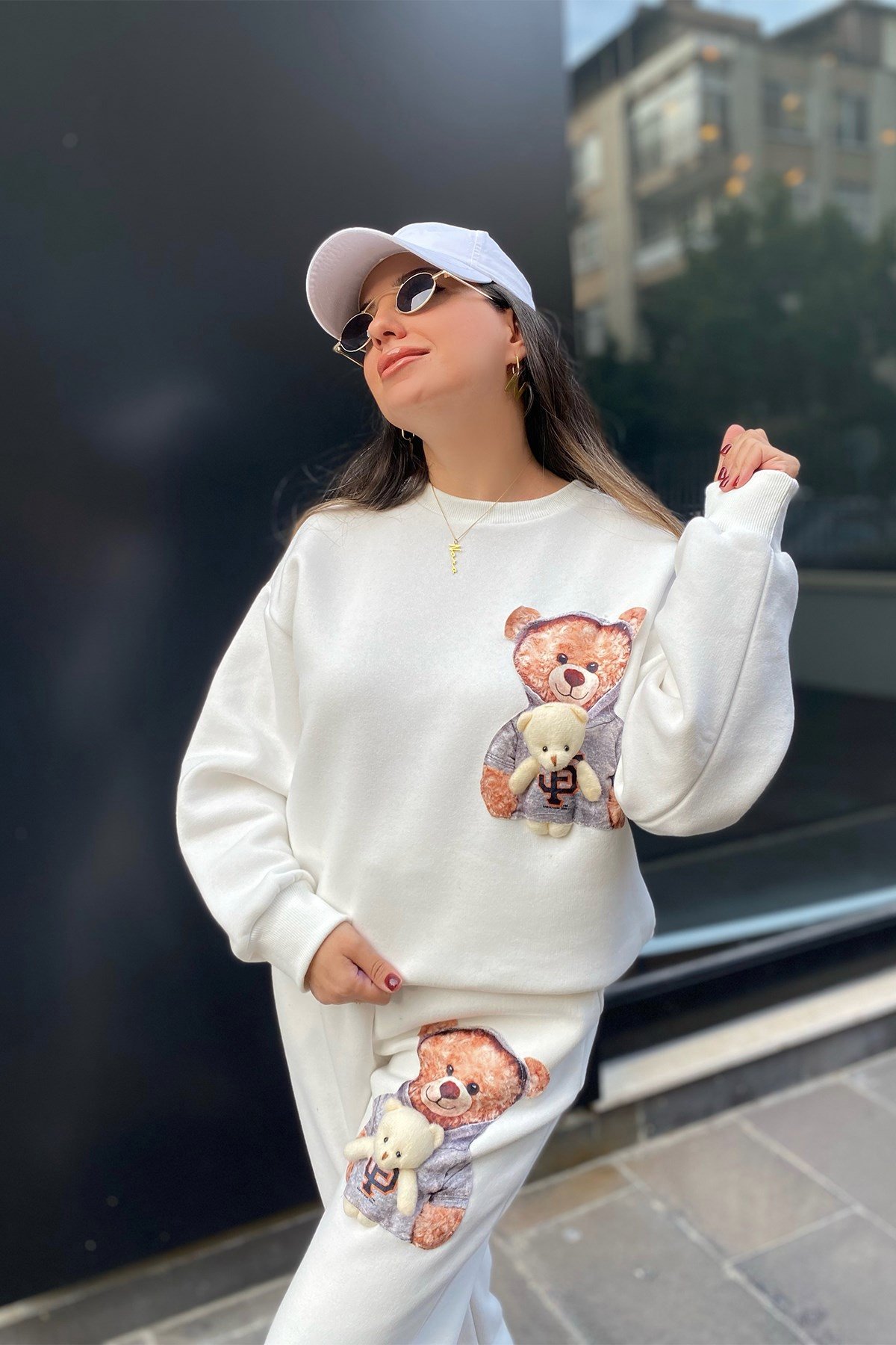 Beyaz Teddy Bear Detaylı Eşofman Takım