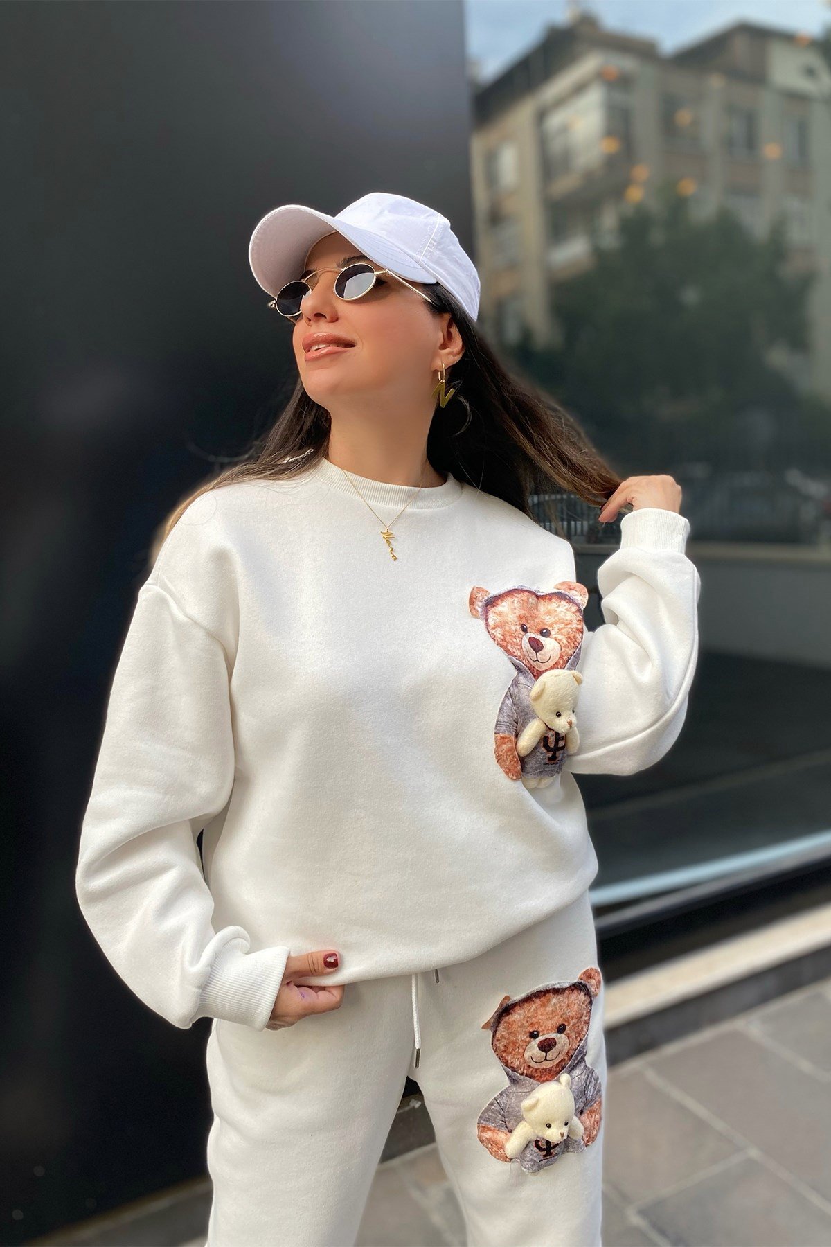 Beyaz Teddy Bear Detaylı Eşofman Takım