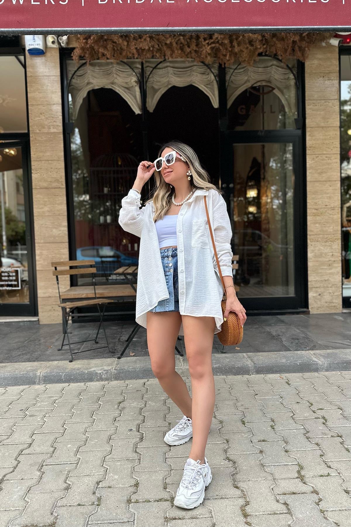 Beyaz  Tek Cepli Oversize Gömlek