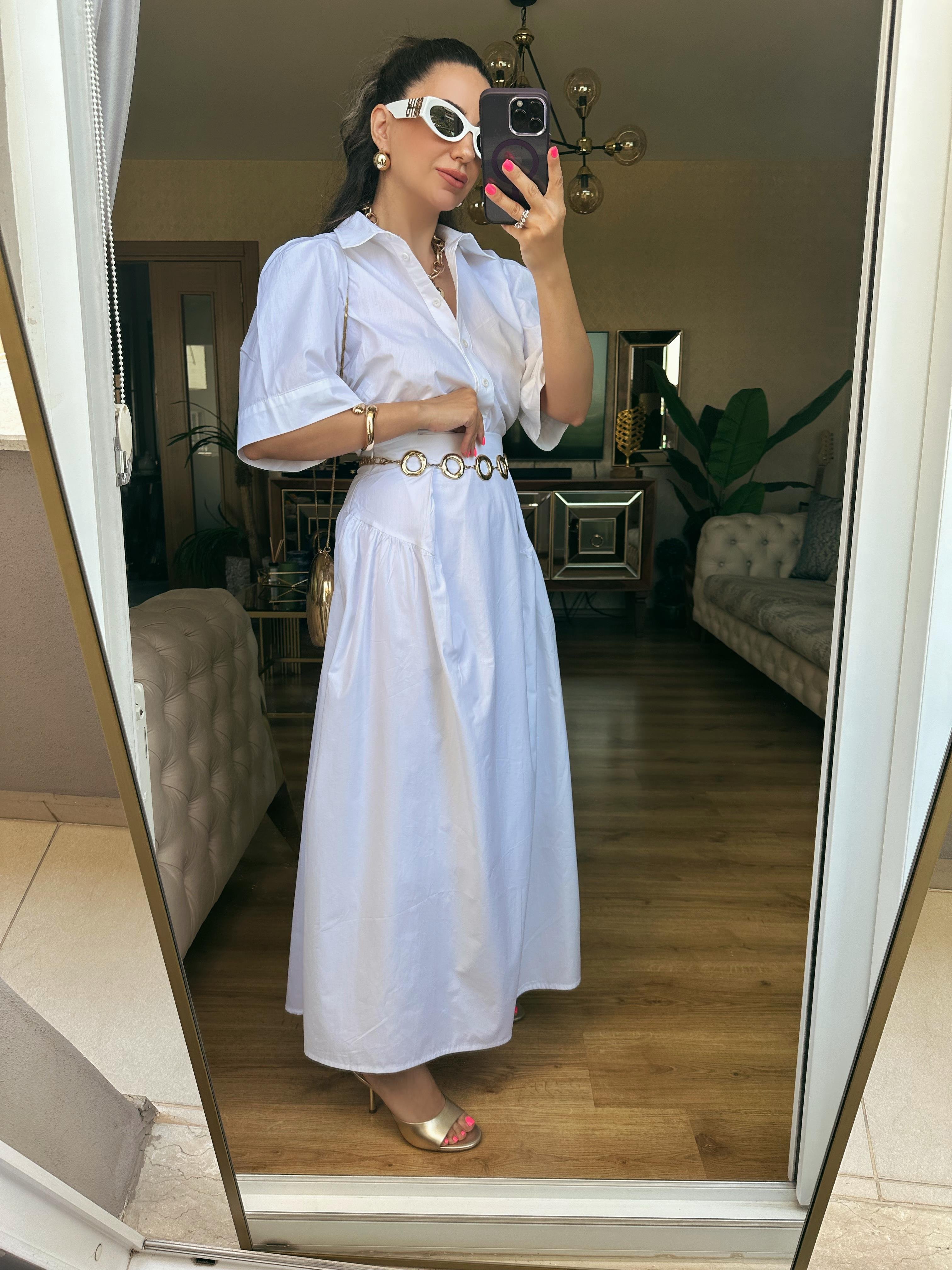 Beyaz Yüksek Bel Poplin Etek